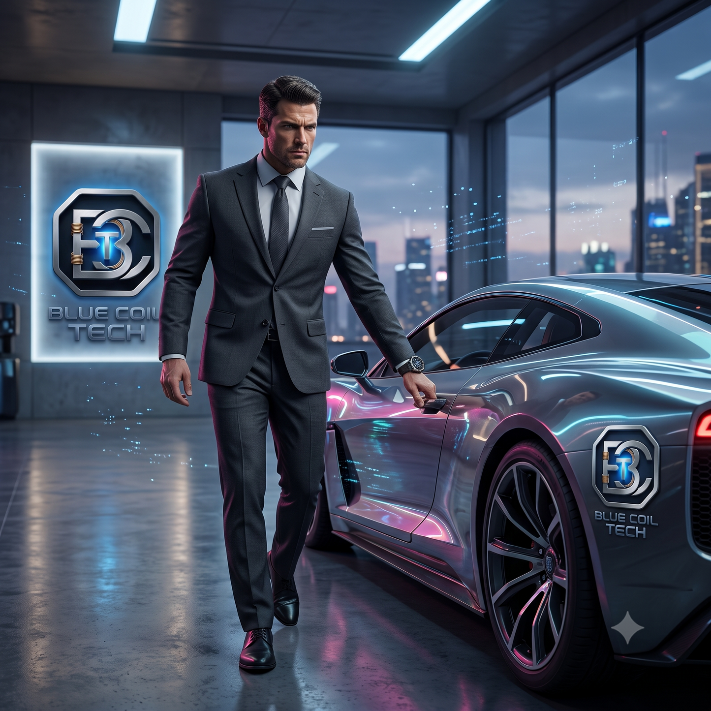 Man in a suit opening a silver sports car with Blue Coil Tech logos in a modern garage.