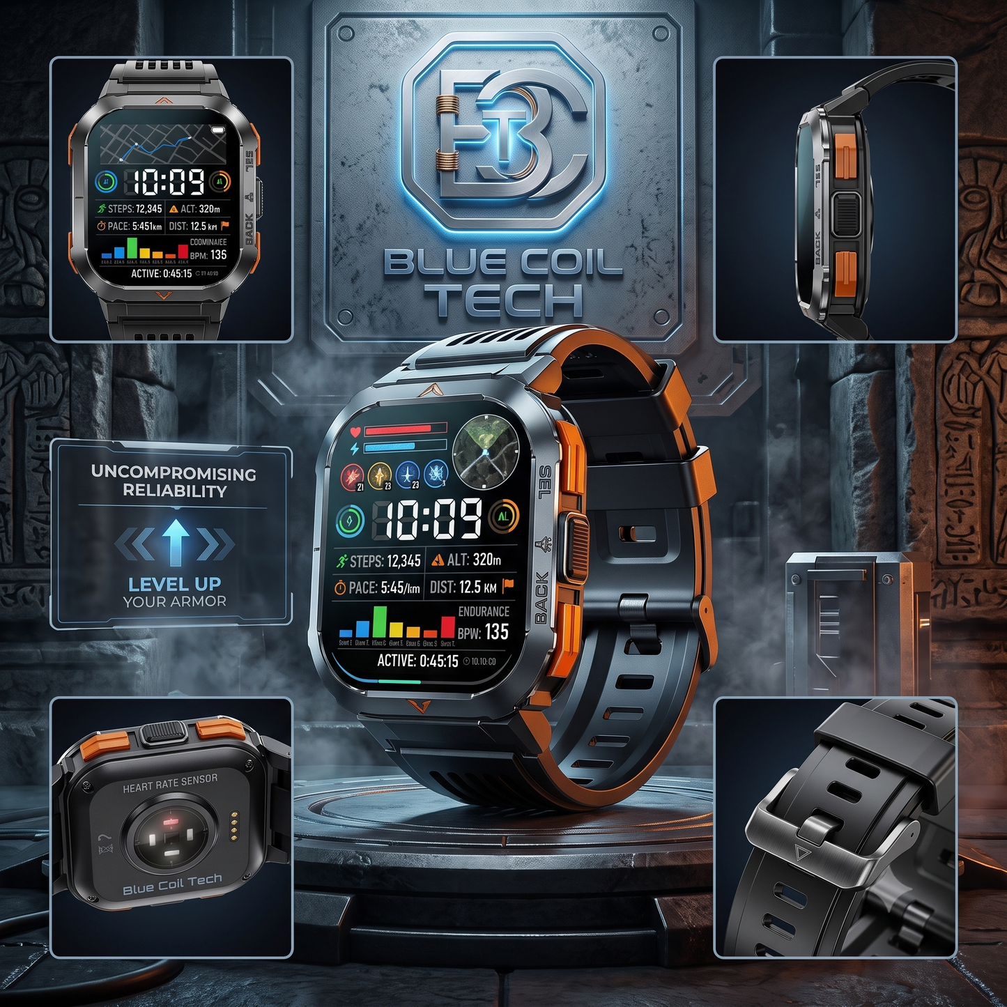 Blue Coil Tech orange and black tactical smartwatch display showing the sports digital face, heart rate sensor, and buckle.