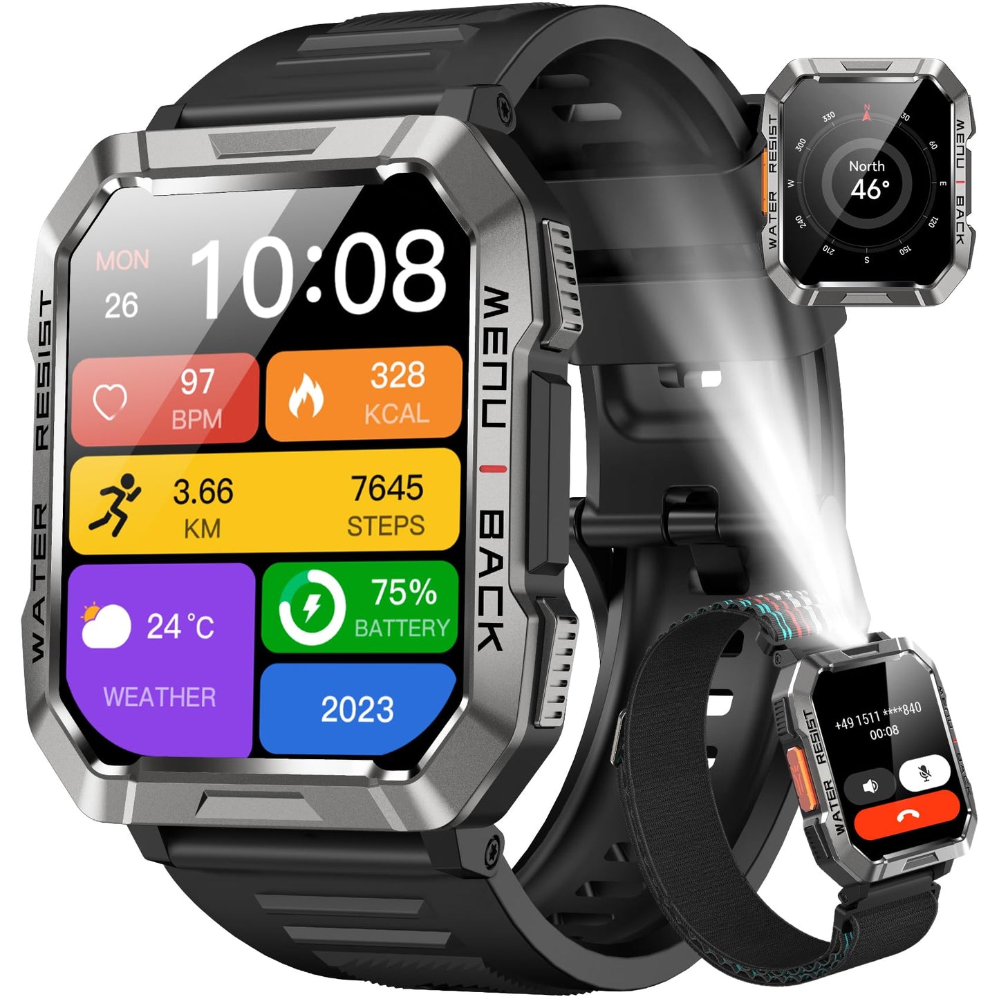 Military Smart Watch for Men(Answer/Make Call) Outdoor Sports Smartwatch with Flashlight/100 Days Battery/Compass/Heart Rate/SpO2/Sleep Monitor/2 Straps Fitness Tracker for iPhone/Android Phones