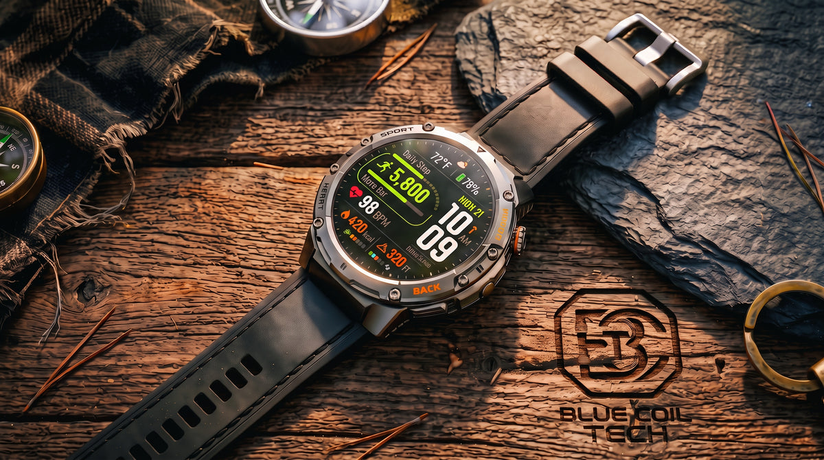 A rugged smartwatch with a round silver-toned metal case and a black leather strap, displayed diagonally on a rustic wooden surface with outdoor accessories like a compass, stone, and cloth. The watch face is illuminated with a dark green and orange digital display.