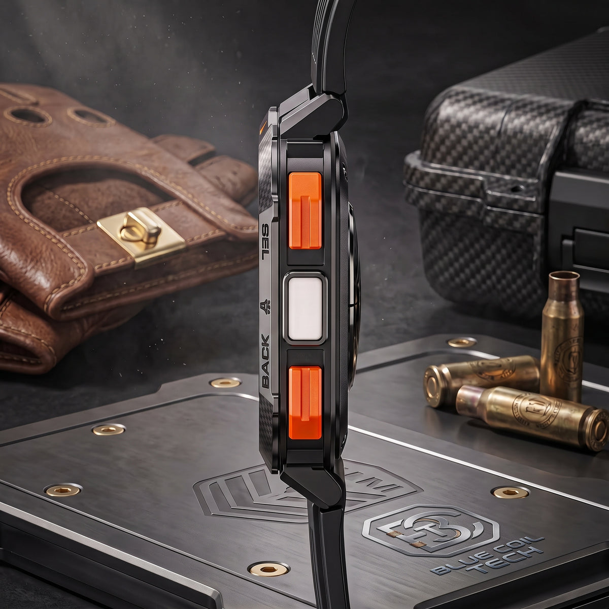 A close-up product shot of a tactical watch or tool-style device with a black body, orange buttons, and a white center button, standing upright on a dark tabletop. A brown leather pouch, a black hard case, and brass bullets are blurred in the background.