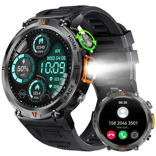 Military Smart Watch for Men (Call Receive/Dial) with LED Flashlight 1.45" HD Outdoor Tactical Rugged Smartwatch Sports Fitness Tracker Watch with Heart Rate Sleep Monitor for iPhone Android Phone