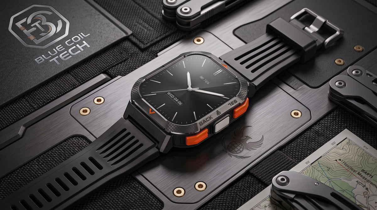 A rugged smartwatch with a black rectangular face, black strap, and bright orange side accents, displayed on a dark textured surface with tactical-style props and a visible Blue Coil Tech logo.