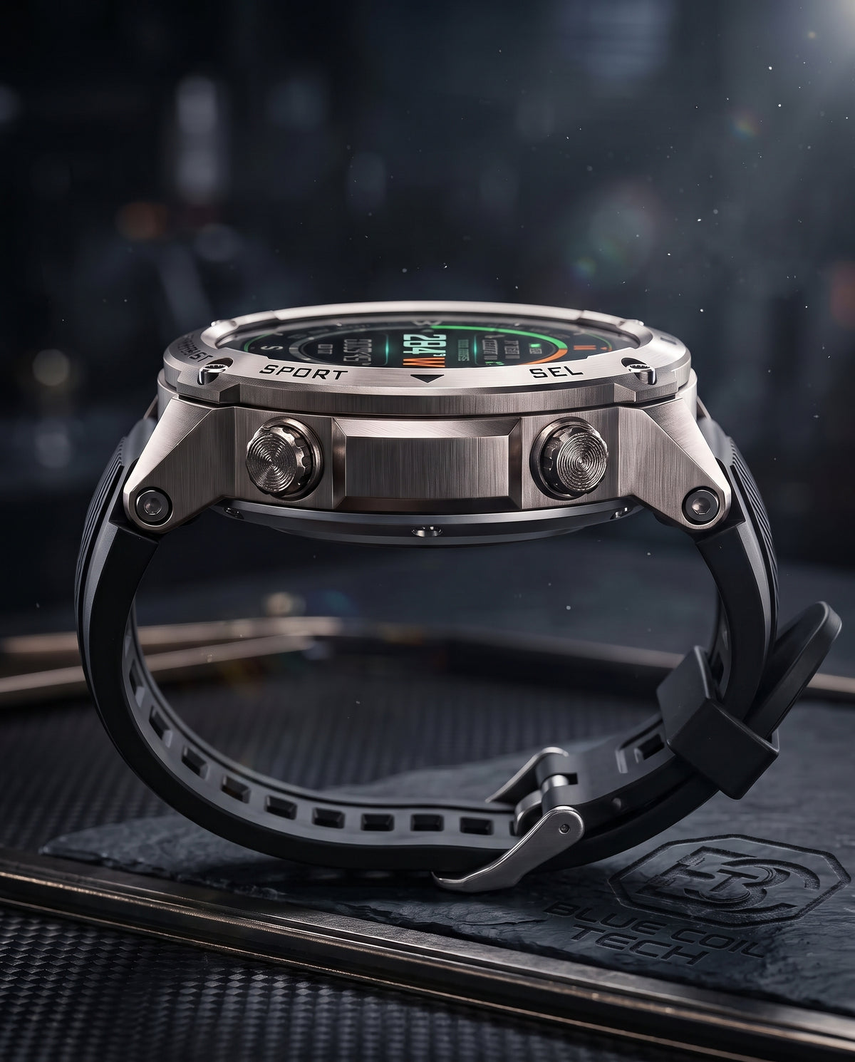 A rugged smartwatch with a brushed metal case and a black textured strap, shown from the side on a dark textured surface with a blurred dark background.