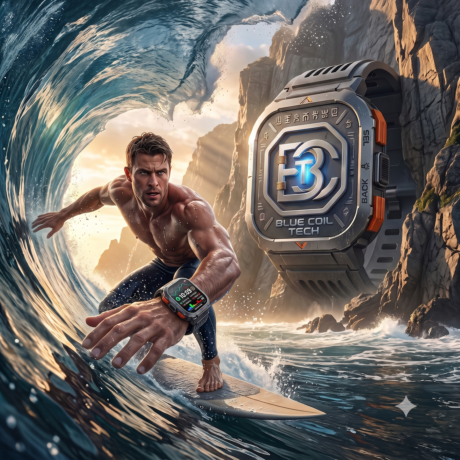 Surfer in a a wave barrelwearing a tactical smartwatch beside a giant Blue Coil Tech cliff wach.