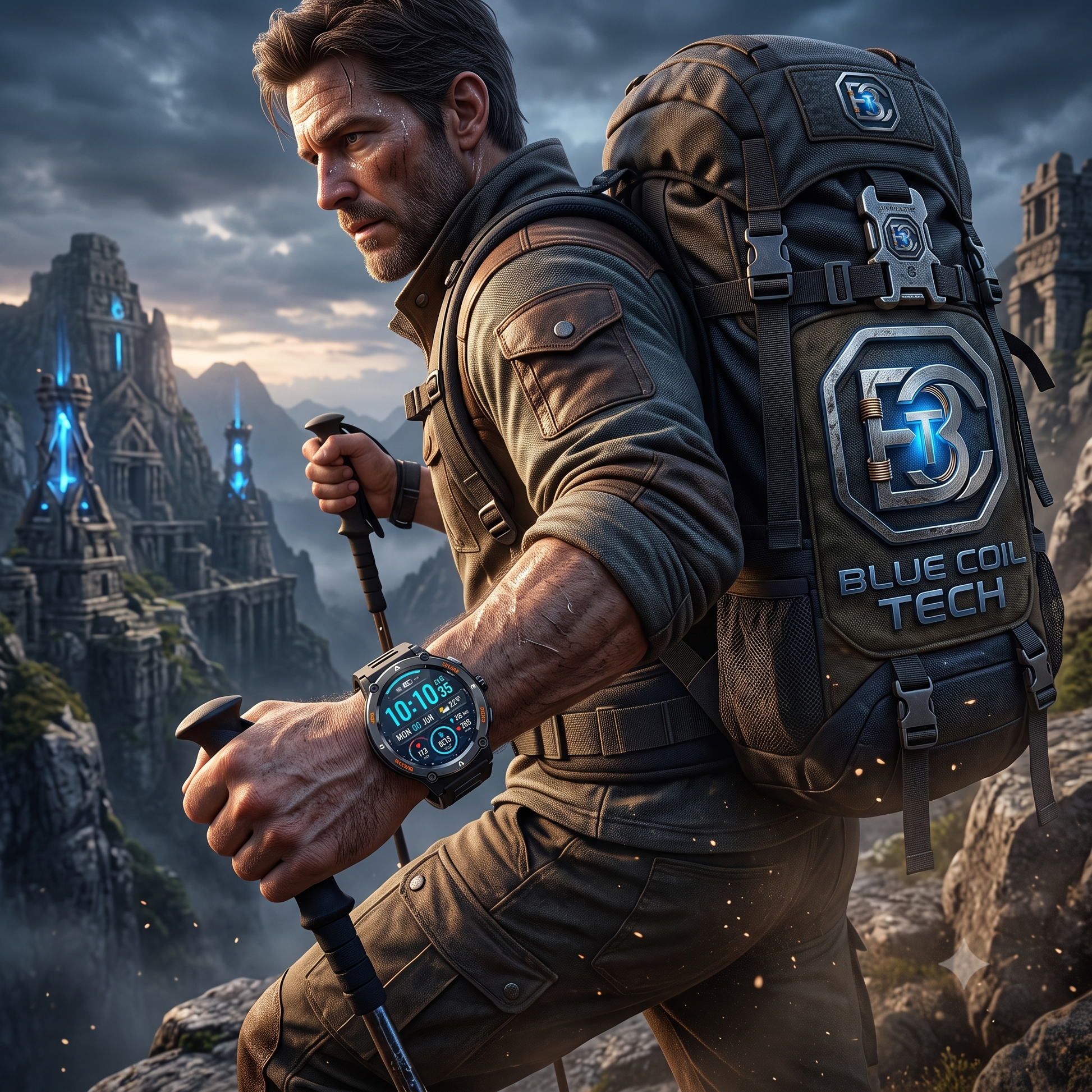 Man hiking with poles near ruins, wearing a a smartwatch and Blue Coil Tech backpack.