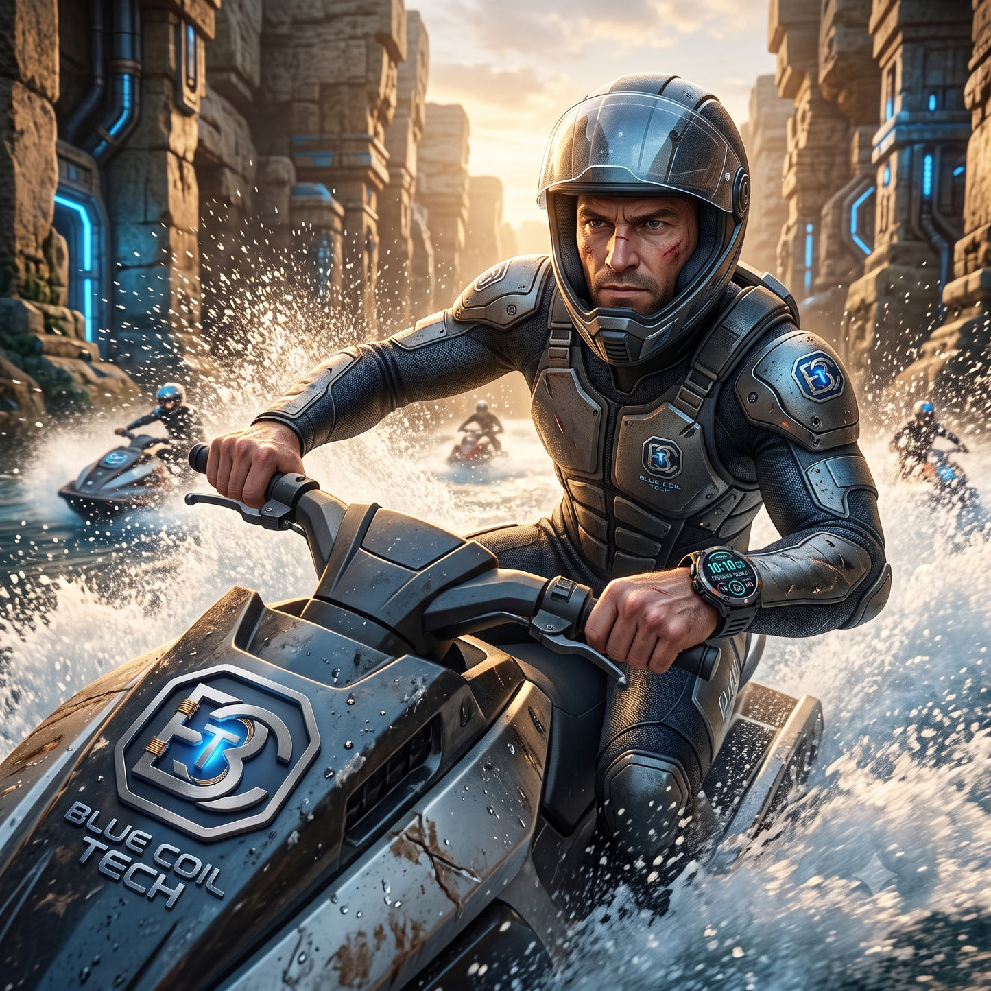 Man in helmet riding a Blue Coil Tech jt ski through a watery canyon wearing a smartwatch.