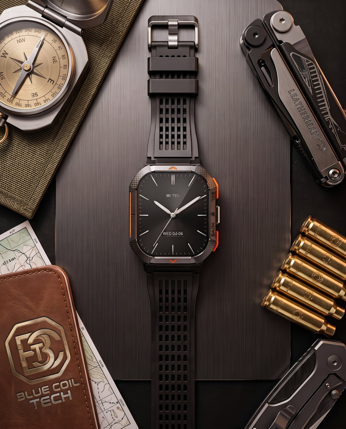 A rugged smartwatch with a black textured strap and a dark gray rectangular face, styled in a flat-lay arrangement with outdoor gear, a multi-tool, batteries, a compass, and a leather wallet on a dark brushed metal surface.