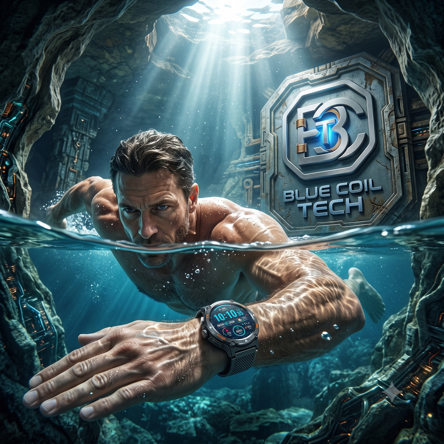 Man swimming in a sunlit underwaer cave wearing a smartwatch near a Blue Coil Tech logo.