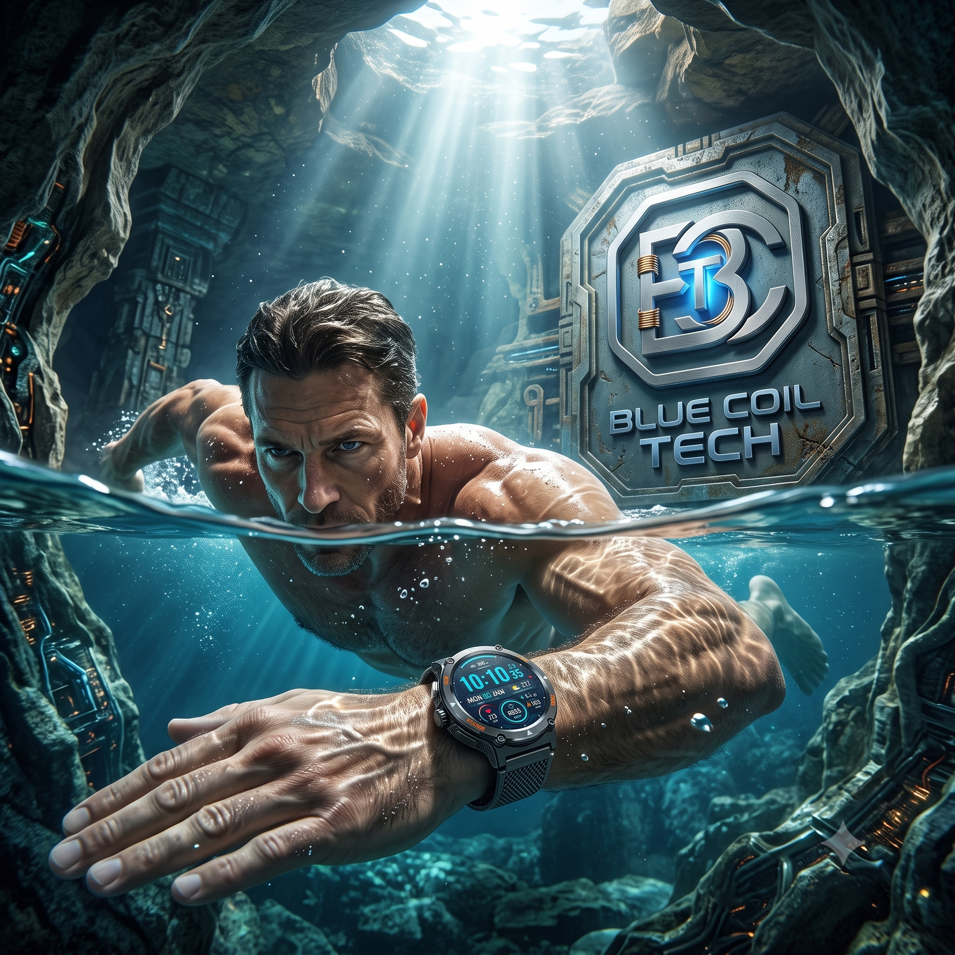 Man swimming in a sunlit underwaer cave wearing a smartwatch near a Blue Coil Tech logo.