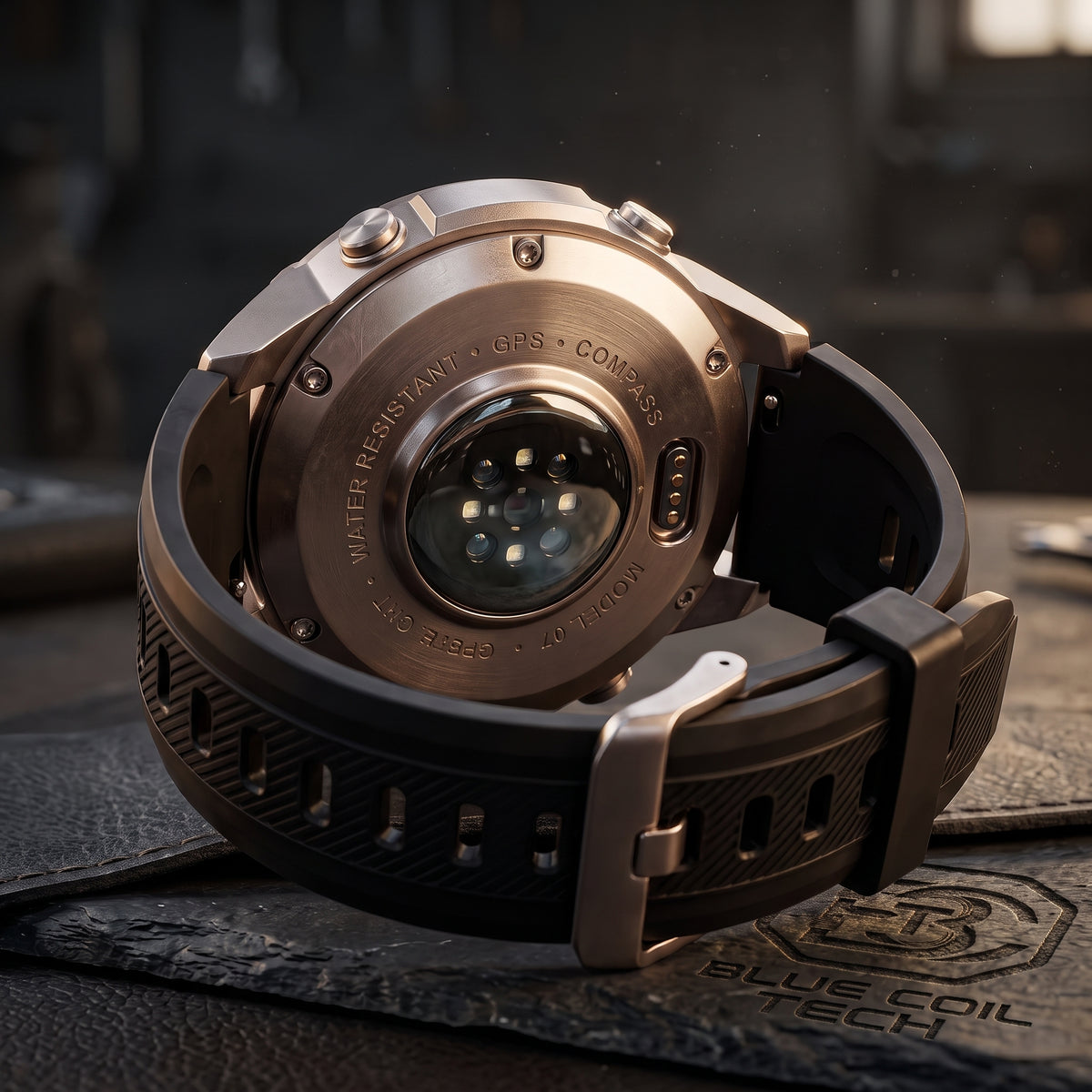 Close-up of the back of a rugged smartwatch with a black textured strap and metallic case, resting on a dark leather surface with engraved branding.