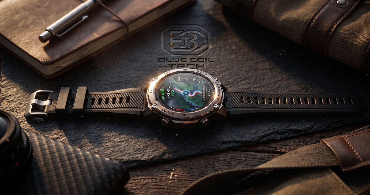 A rugged smartwatch with a black strap and silver-toned case, shown in a styled flat-lay setting with leather accessories and a notebook. The watch face displays a map interface.