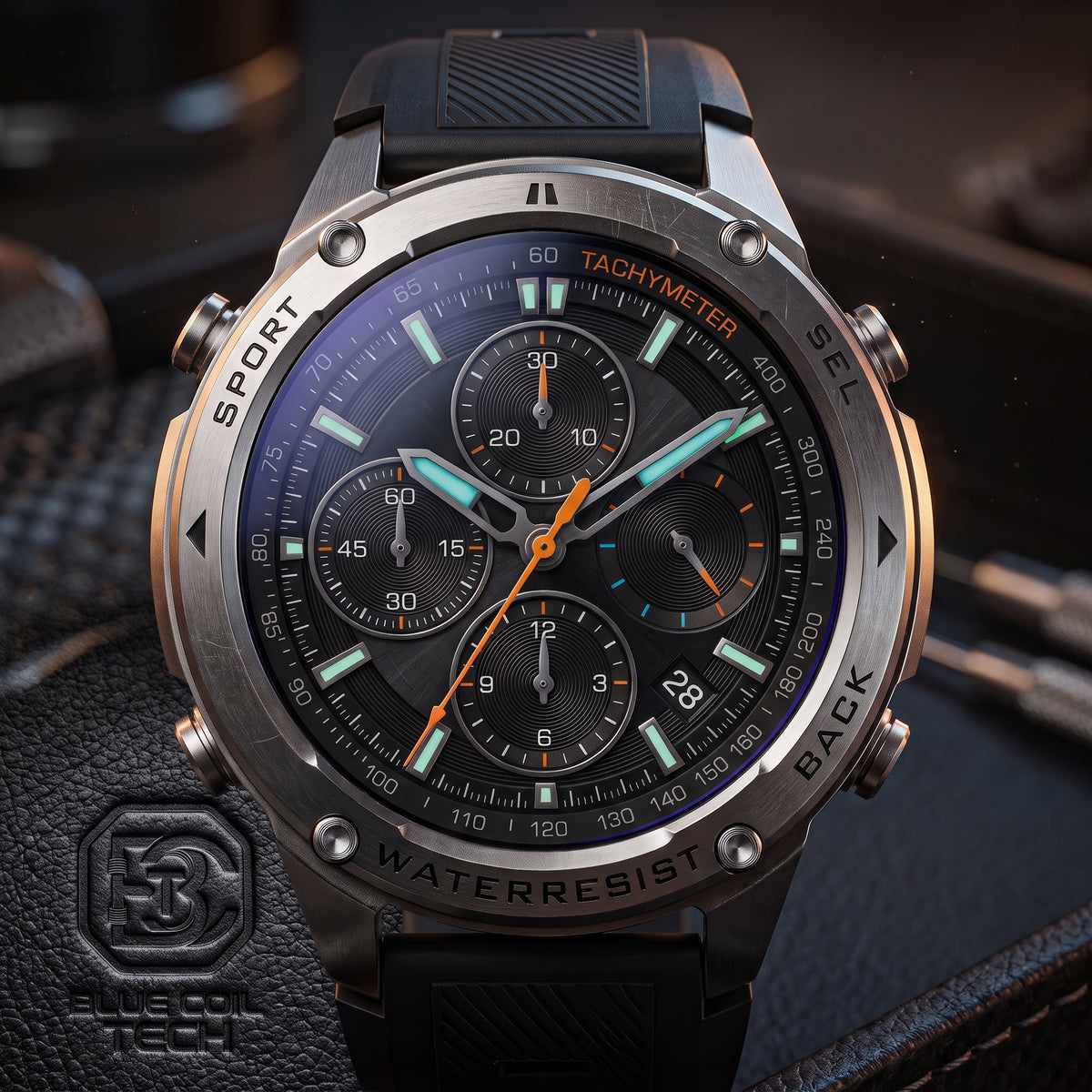 A rugged sport watch with a round silver-tone metal case, black dial, black strap, and orange accents, photographed close-up against a dark textured background.