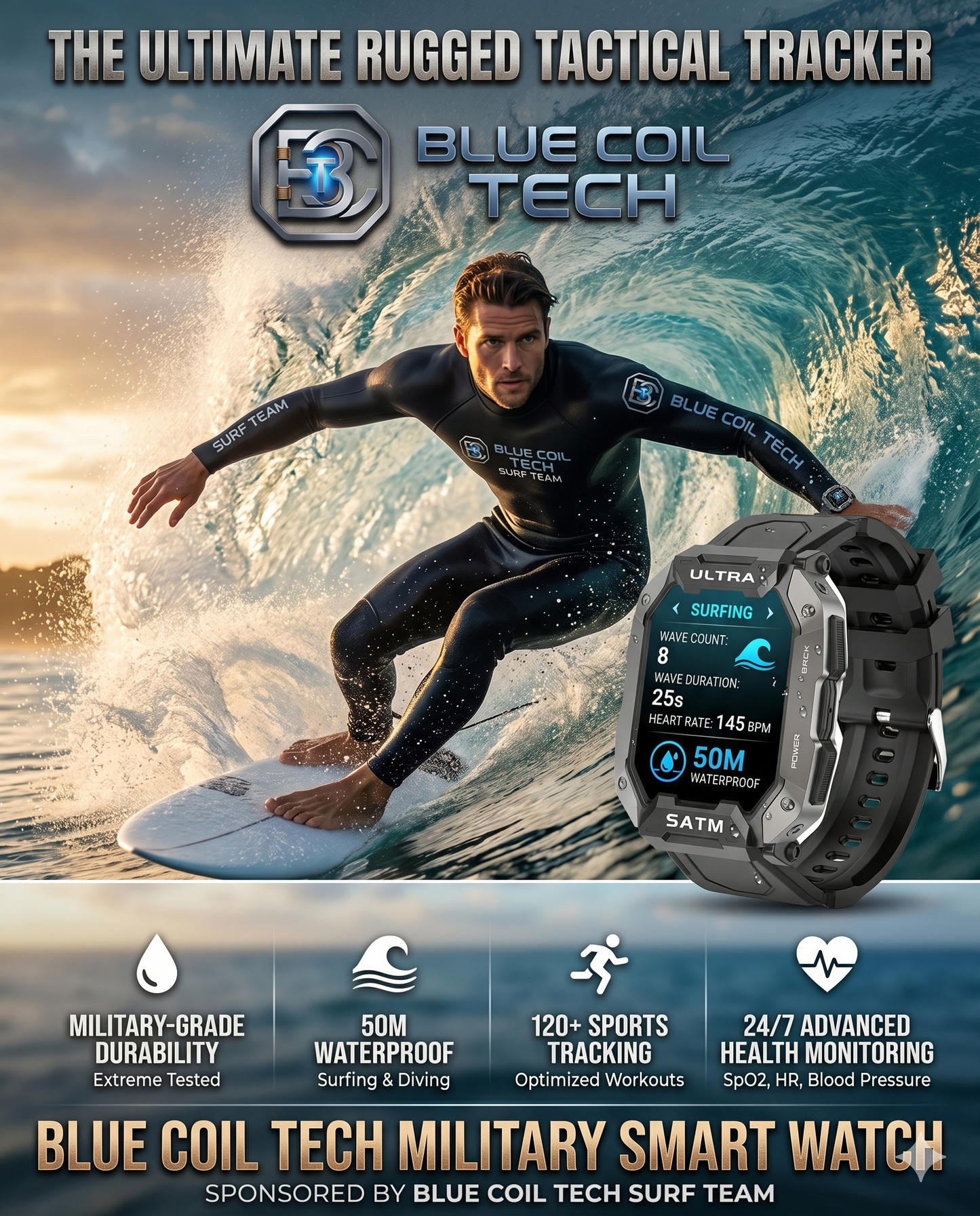 Blue Coil Tech Military Smart Watch for Men - Rugged Tactical 5ATM Waterproof Fitness Tracker with Bluetooth Calls, Heart Rate & Blood Pressure Monitor (iOS/Android)