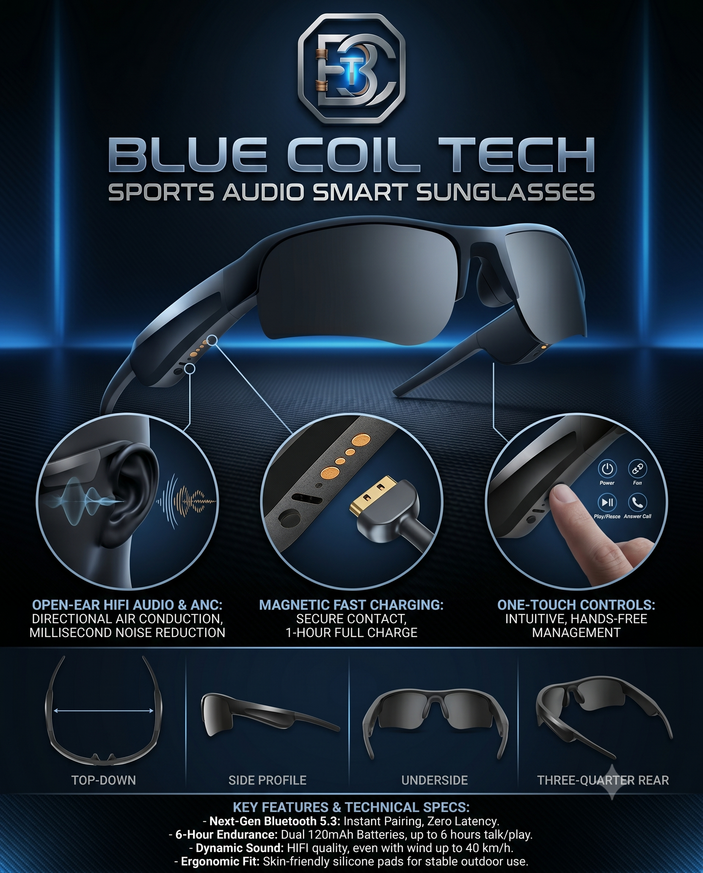 Blue Coil Tech Bluetooth Audio Sunglasses | Open-Ear Sports