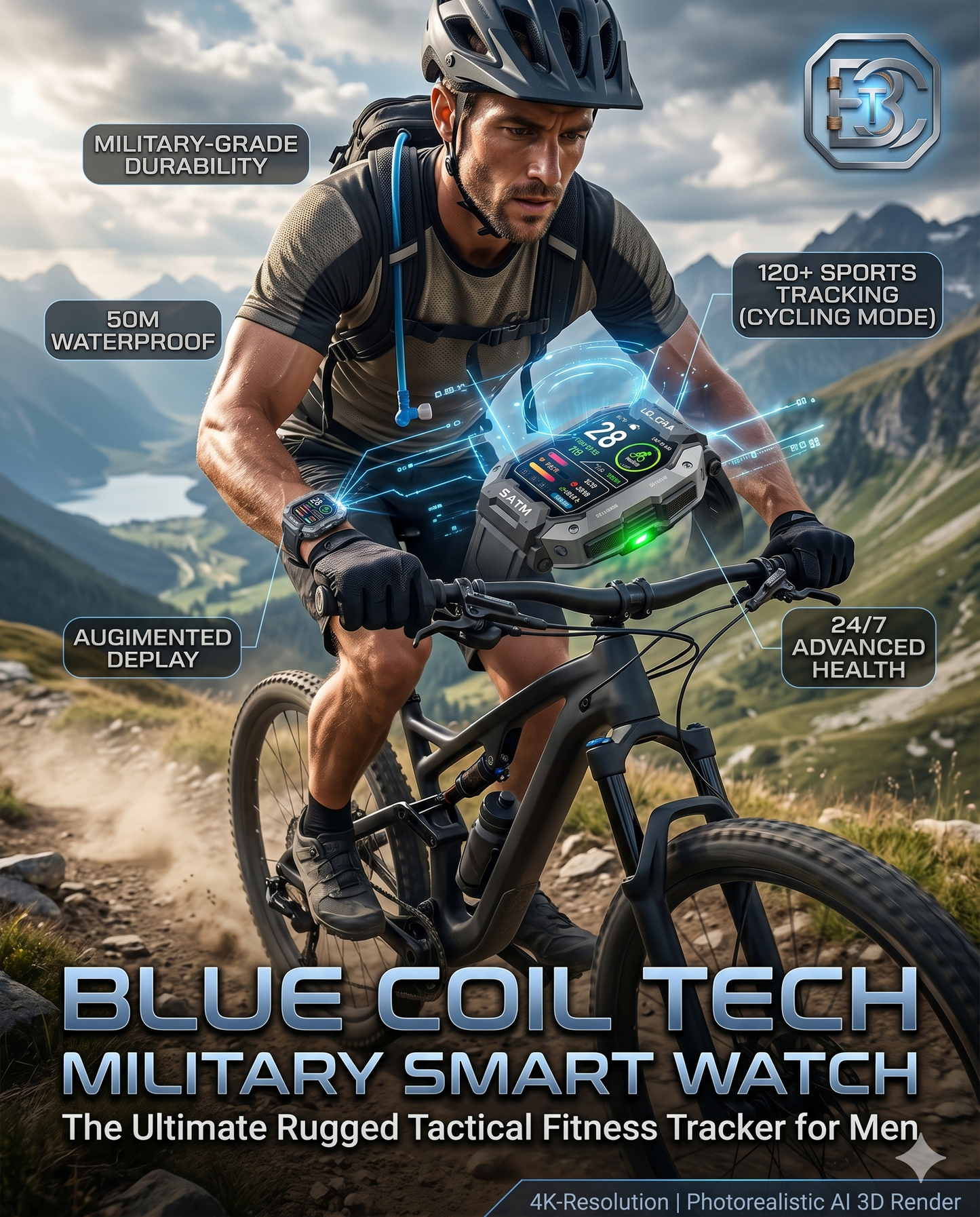 Blue Coil Tech Military Smart Watch for Men - Rugged Tactical 5ATM Waterproof Fitness Tracker with Bluetooth Calls, Heart Rate & Blood Pressure Monitor (iOS/Android)