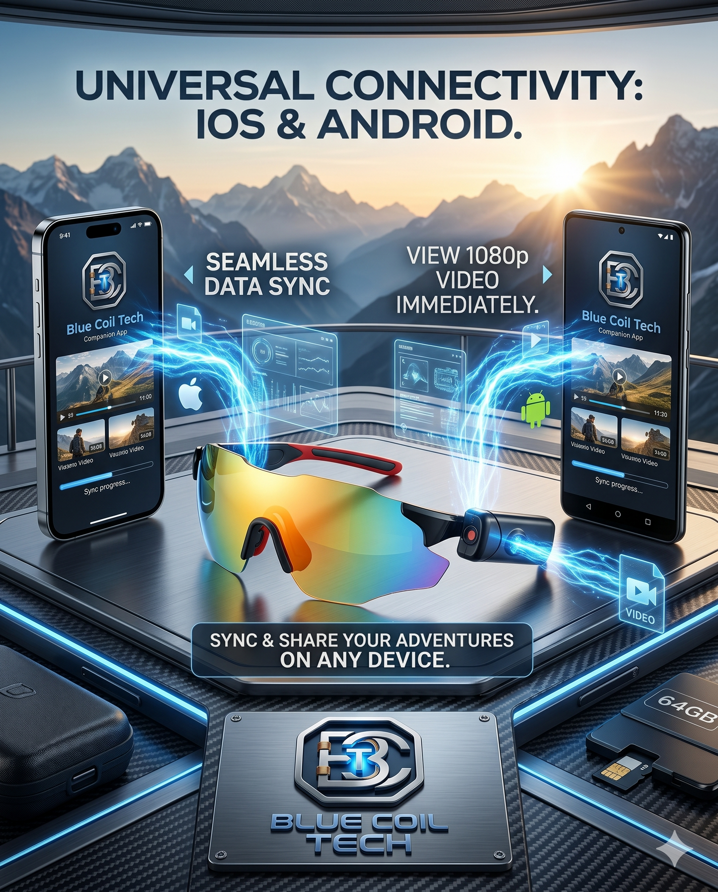 Capture Every Angle: Blue Coil Tech HD 1080p Smart Camera & Vlogging Sunglasses with 64GB Storage