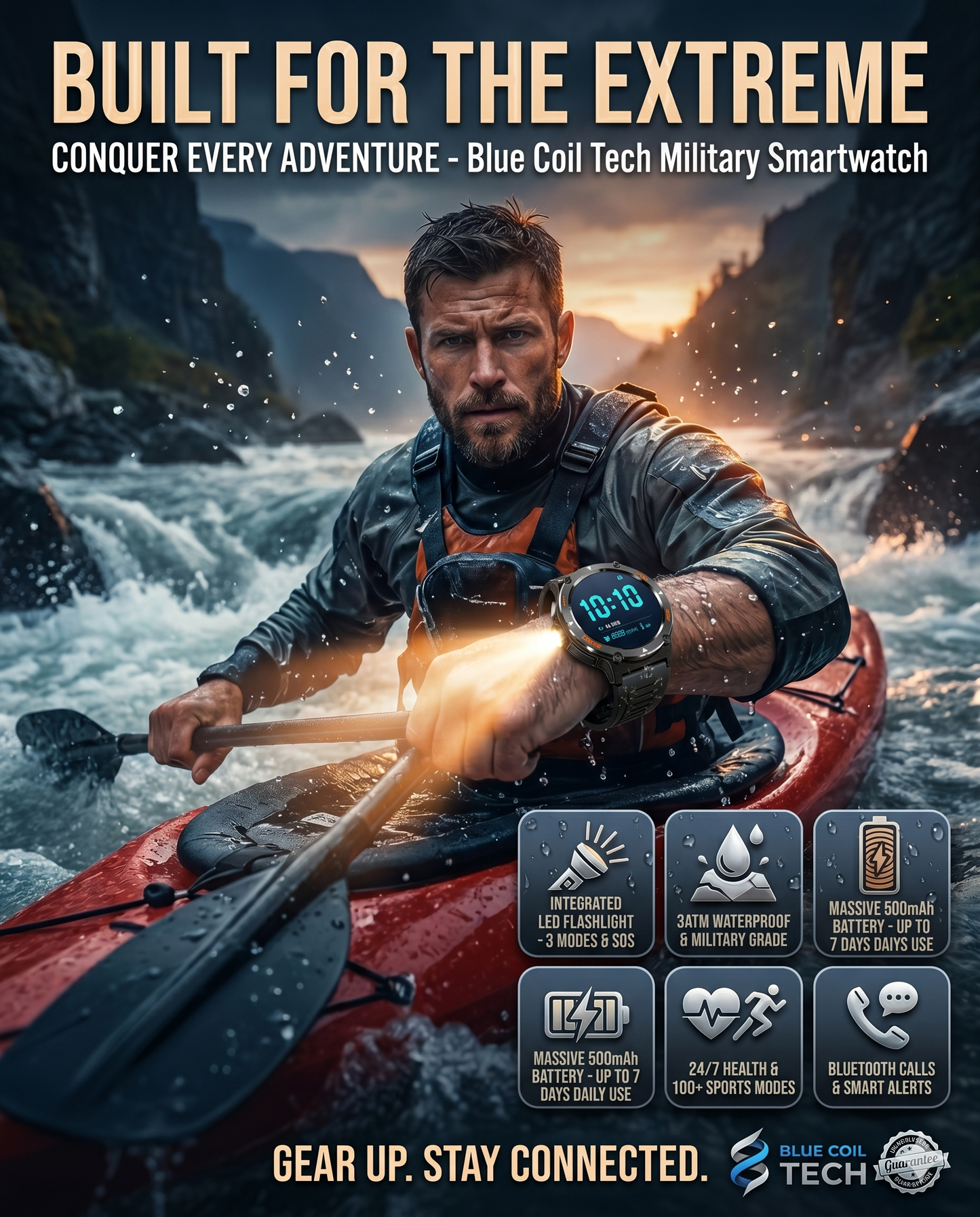 Blue Coil Tech Rugged Military Smart Watch for Men | 1.53" HD Tactical Smartwatch & Fitness Tracker | LED Flashlight, 3ATM Waterproof, Heart Rate Monitor | iPhone & Android Compatible