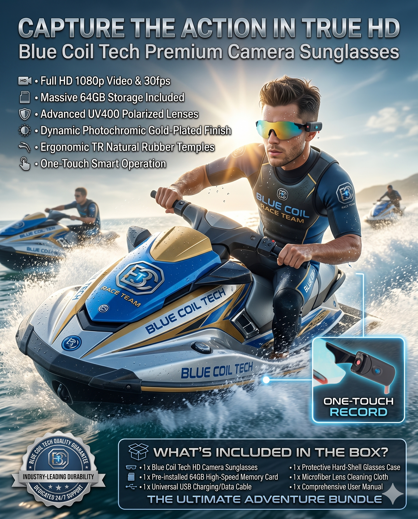 Capture Every Angle: Blue Coil Tech HD 1080p Smart Camera & Vlogging Sunglasses with 64GB Storage