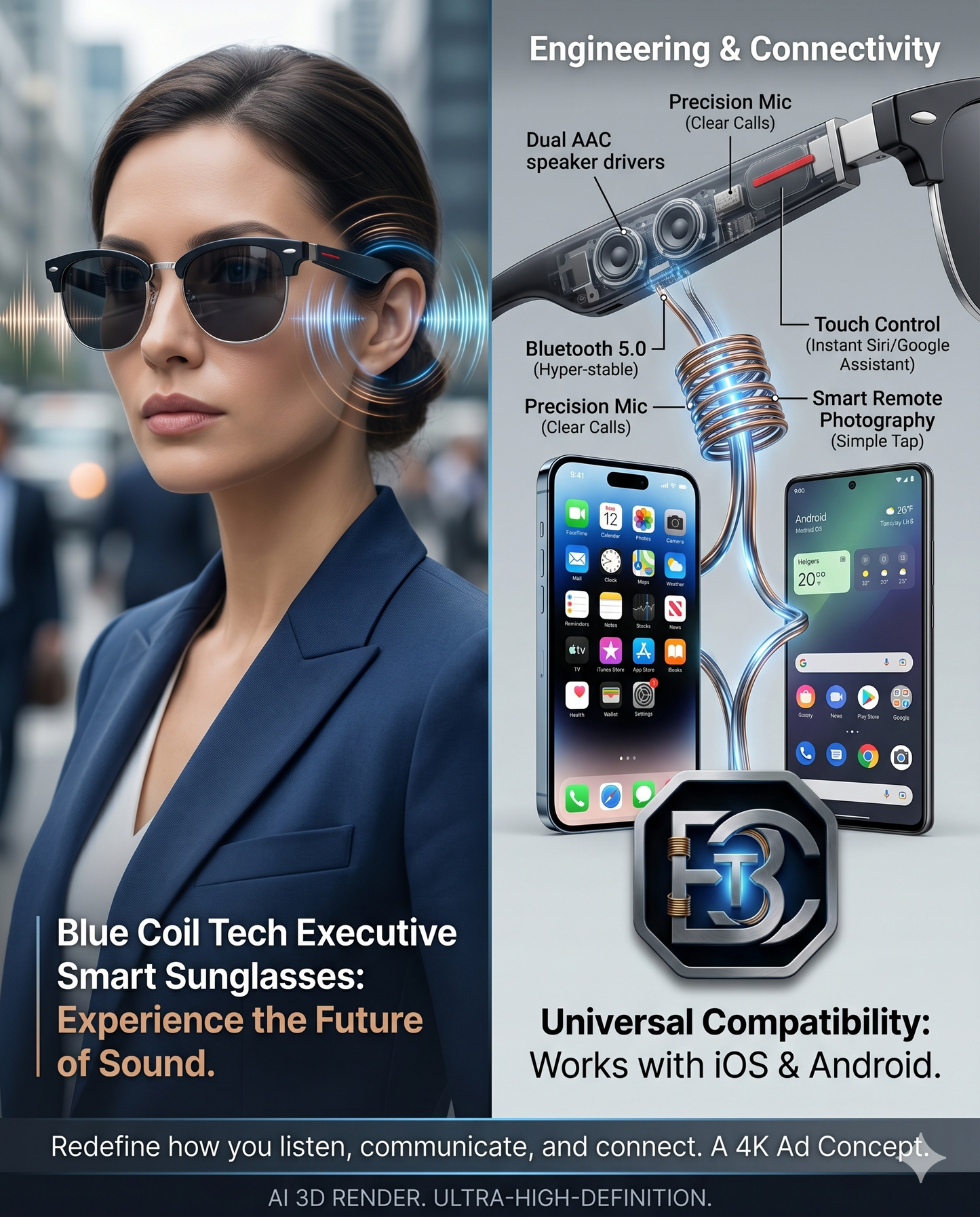 Blue Coil Tech Executive Smart Audio Sunglasses | Open-Ear Bluetooth