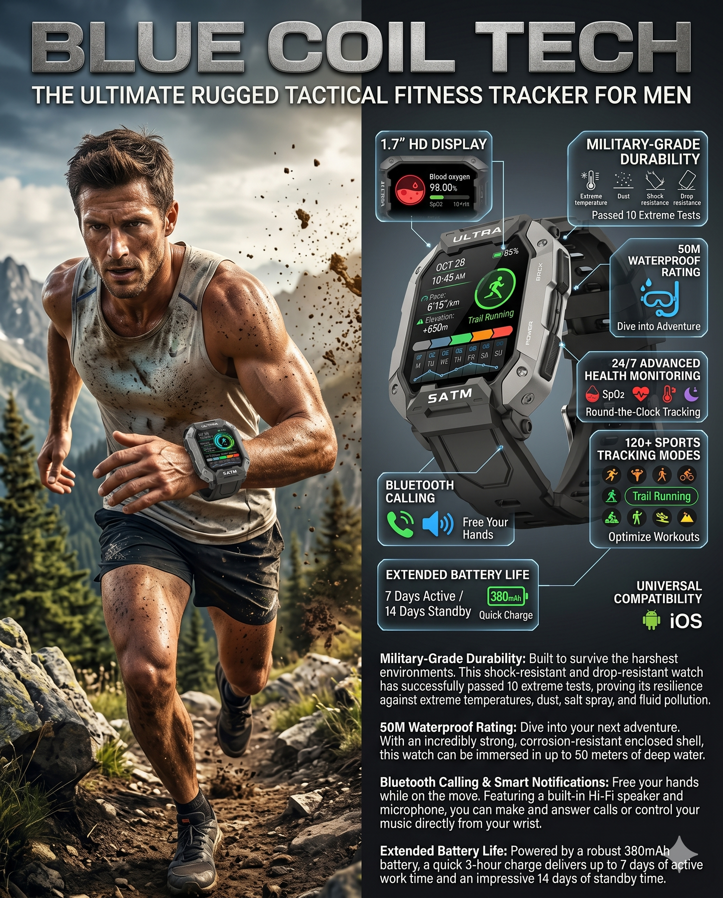 Blue Coil Tech Military Smart Watch for Men - Rugged Tactical 5ATM Waterproof Fitness Tracker with Bluetooth Calls, Heart Rate & Blood Pressure Monitor (iOS/Android)