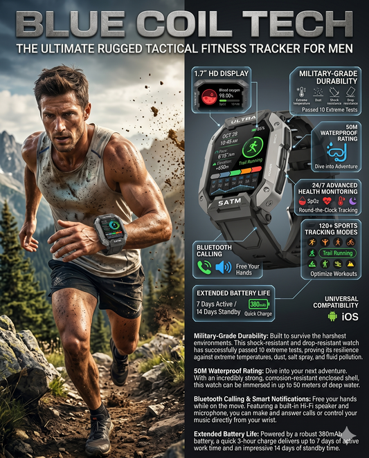 Blue Coil Tech Military Smart Watch for Men - Rugged Tactical 5ATM Waterproof Fitness Tracker with Bluetooth Calls, Heart Rate & Blood Pressure Monitor (iOS/Android)