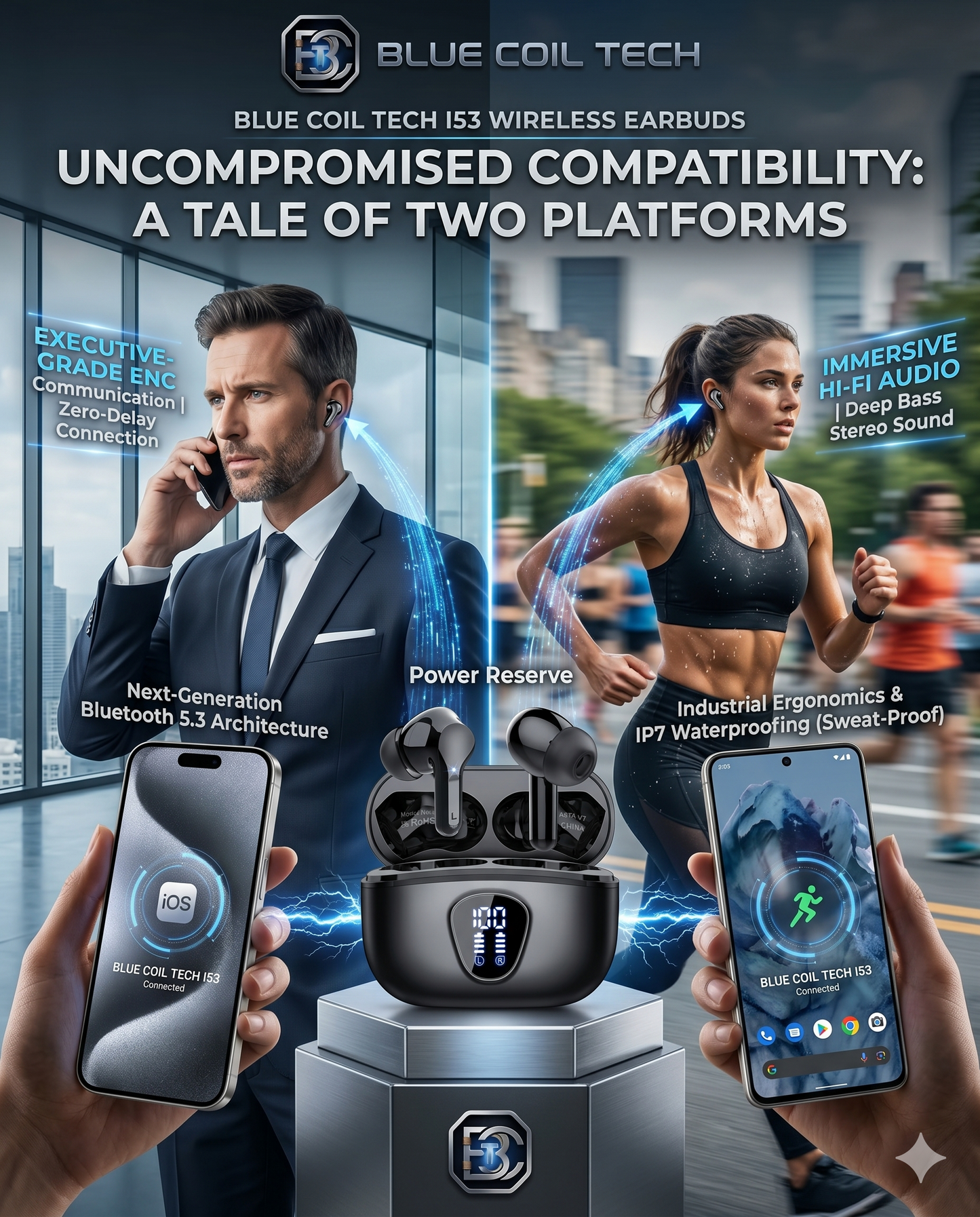 Wireless Earbuds Bluetooth 5.3 Headphones HiFi Stereo Bluetooth Earbuds with ENC Noise Cancelling Mic IP7 Waterproof in Ear Earphones 48H LED Display Ear buds for Pad Phones Workout Sports Black