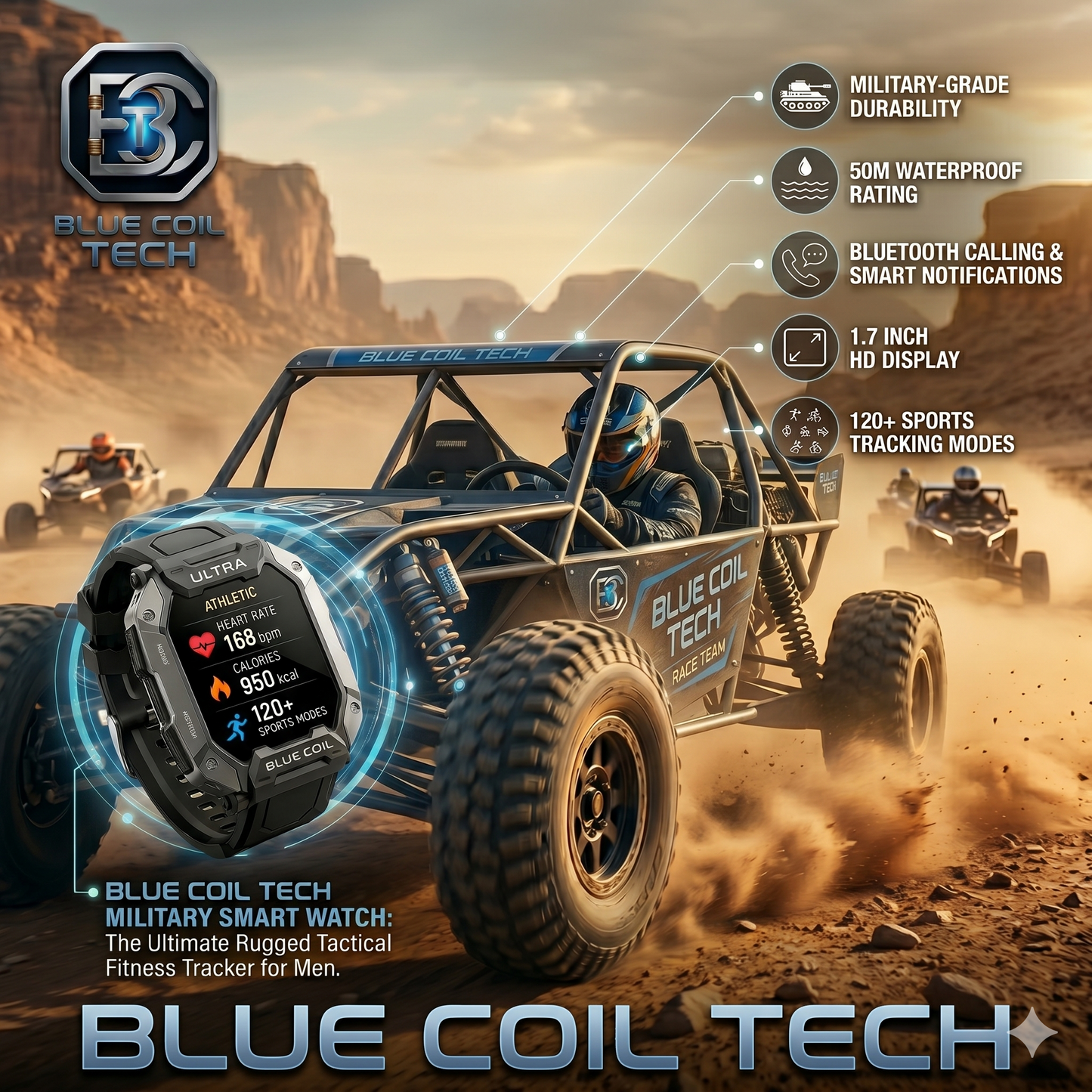 Blue Coil Tech Military Smart Watch for Men - Rugged Tactical 5ATM Waterproof Fitness Tracker with Bluetooth Calls, Heart Rate & Blood Pressure Monitor (iOS/Android)