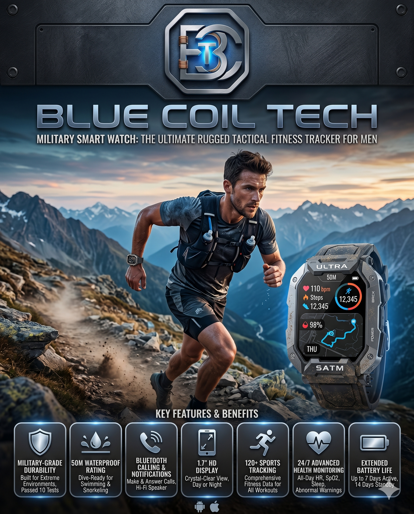 Blue Coil Tech Military Smart Watch for Men - Rugged Tactical 5ATM Waterproof Fitness Tracker with Bluetooth Calls, Heart Rate & Blood Pressure Monitor (iOS/Android)