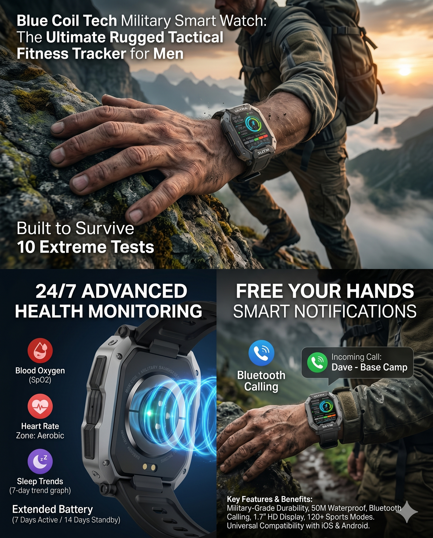 Blue Coil Tech Military Smart Watch for Men - Rugged Tactical 5ATM Waterproof Fitness Tracker with Bluetooth Calls, Heart Rate & Blood Pressure Monitor (iOS/Android)