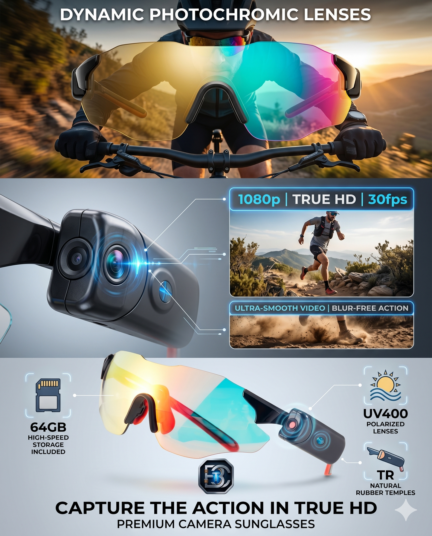 Capture Every Angle: Blue Coil Tech HD 1080p Smart Camera & Vlogging Sunglasses with 64GB Storage