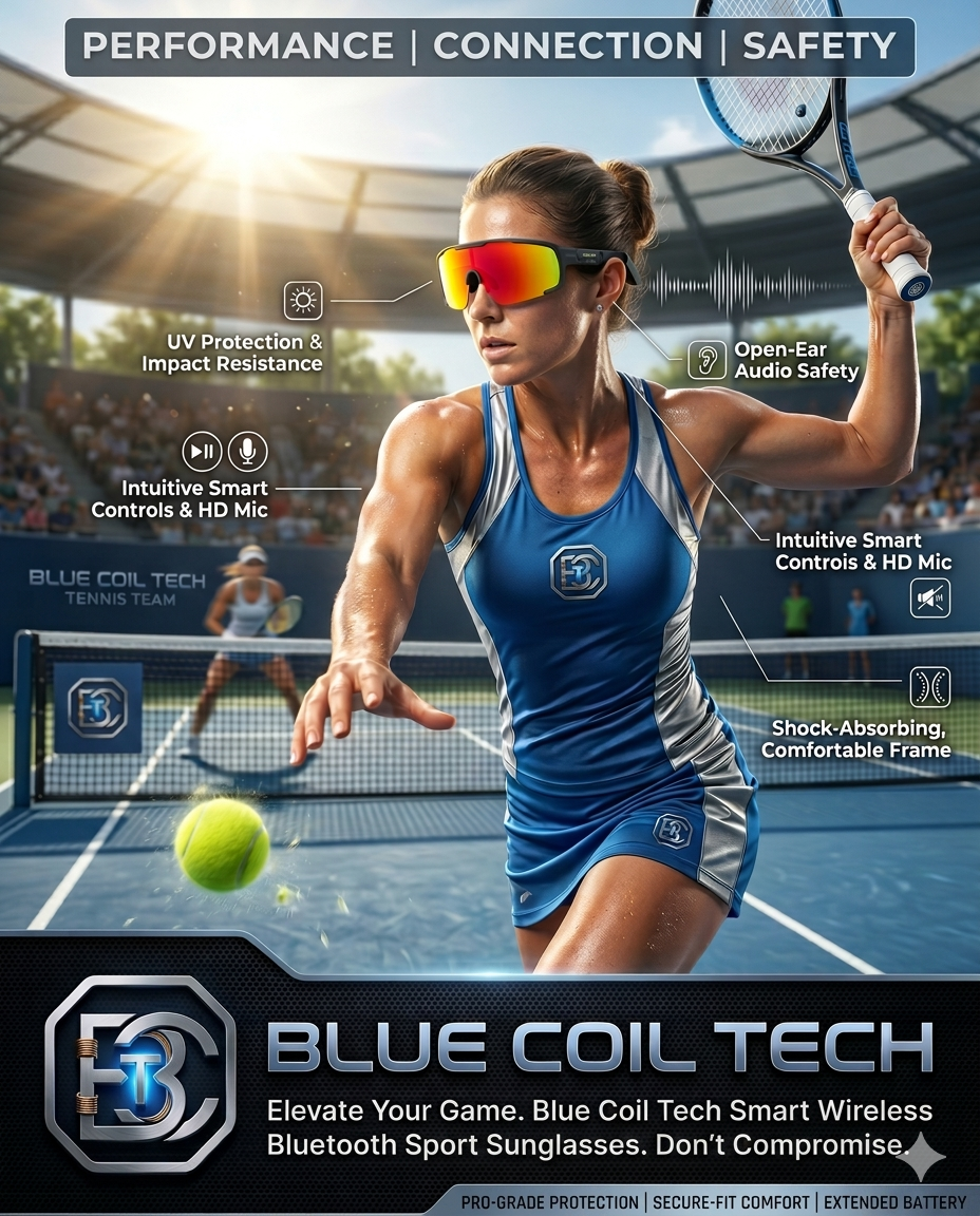 Blue Coil Tech Bluetooth Audio Sunglasses – Smart Wireless Sport Design with Microphone