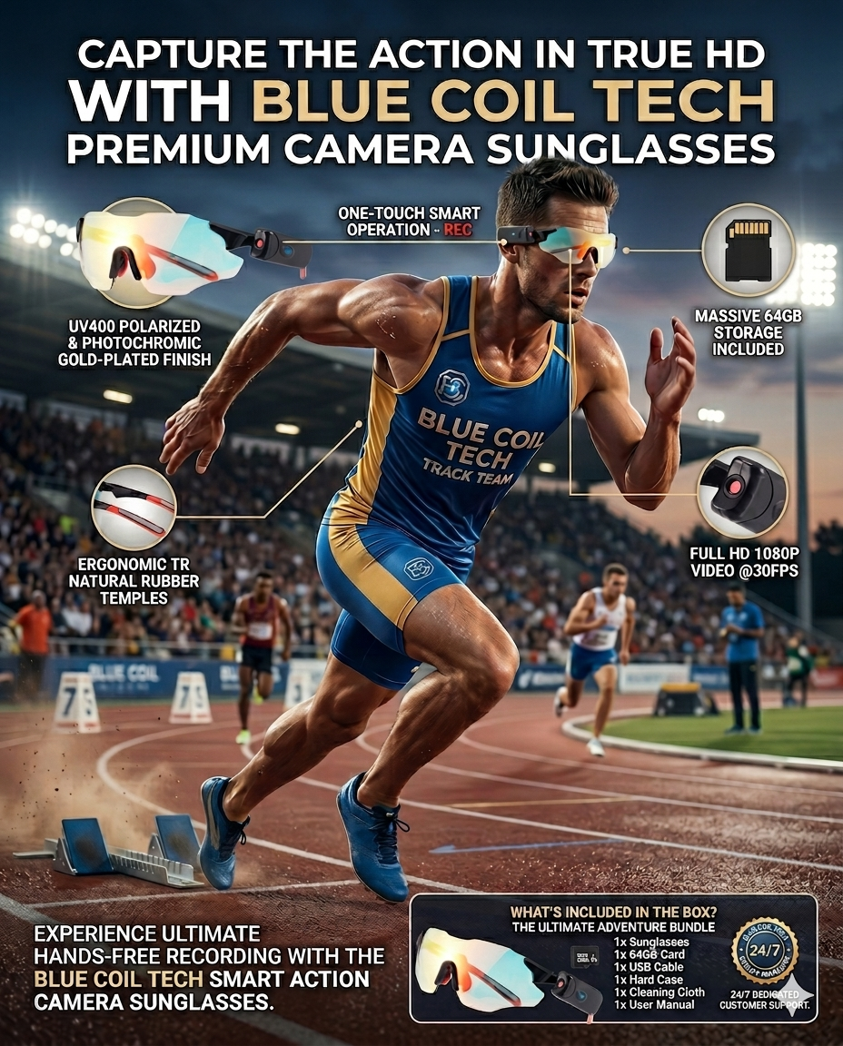 Capture Every Angle: Blue Coil Tech HD 1080p Smart Camera & Vlogging Sunglasses with 64GB Storage