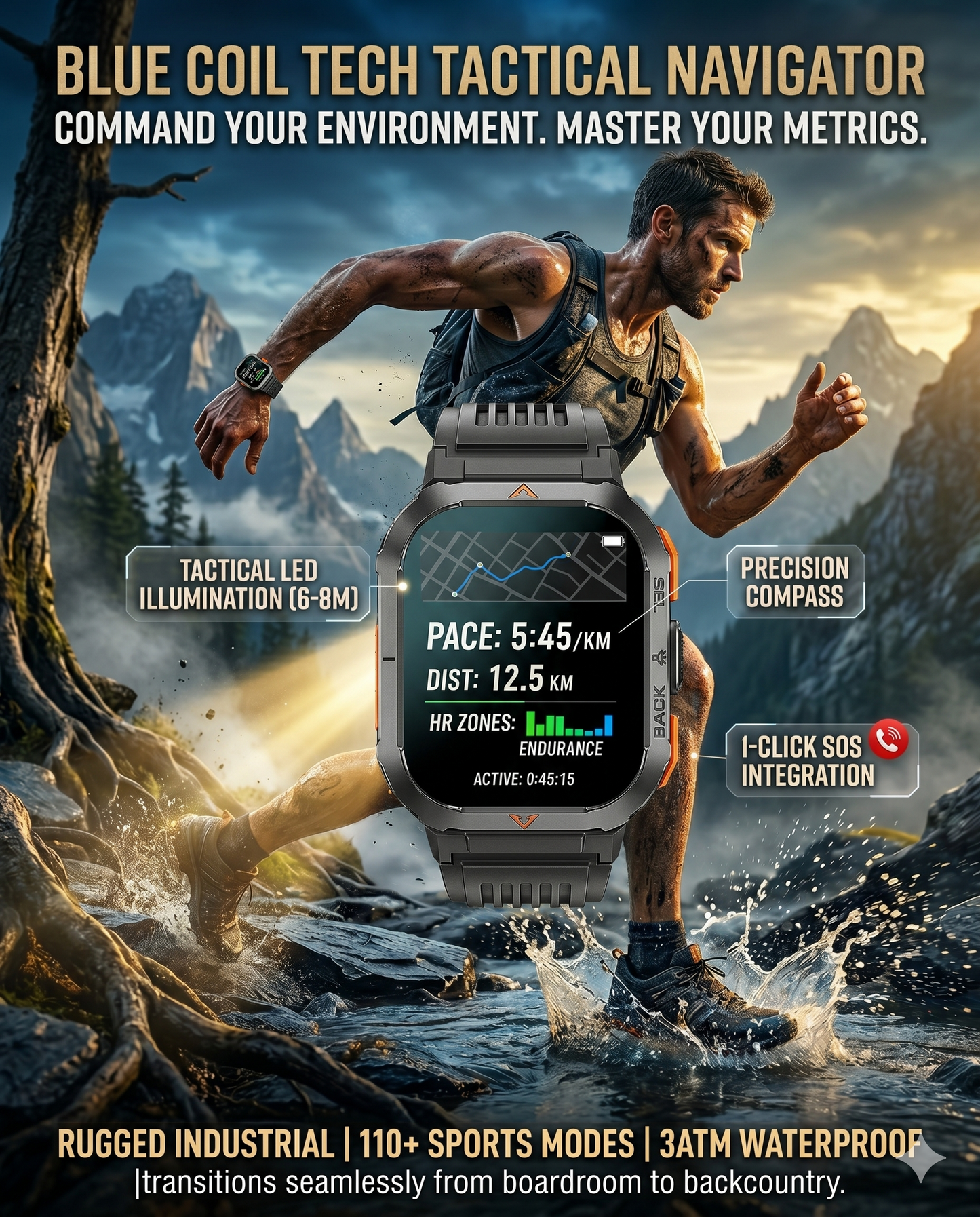 Military Smart Watch for Men with Call LED Flashlight 3ATM Waterproof 2.02" Large Screen Rugged Tactical Smartwatch with Compass Fitness Watch with Heart Rate Blood Pressure Monitor for iPhone Android