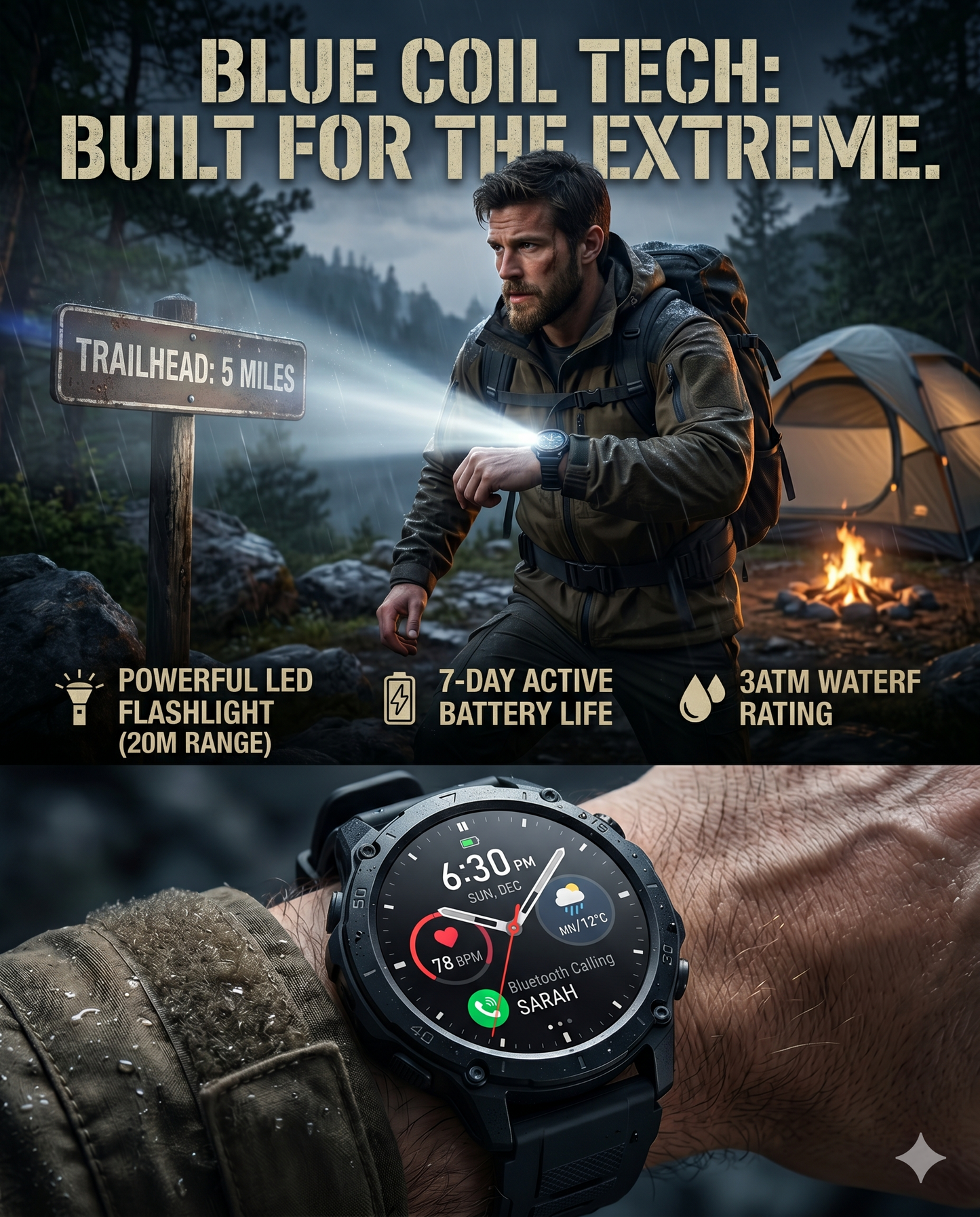 Blue Coil Tech Rugged Military Smart Watch for Men | 1.53" HD Tactical Smartwatch & Fitness Tracker | LED Flashlight, 3ATM Waterproof, Heart Rate Monitor | iPhone & Android Compatible