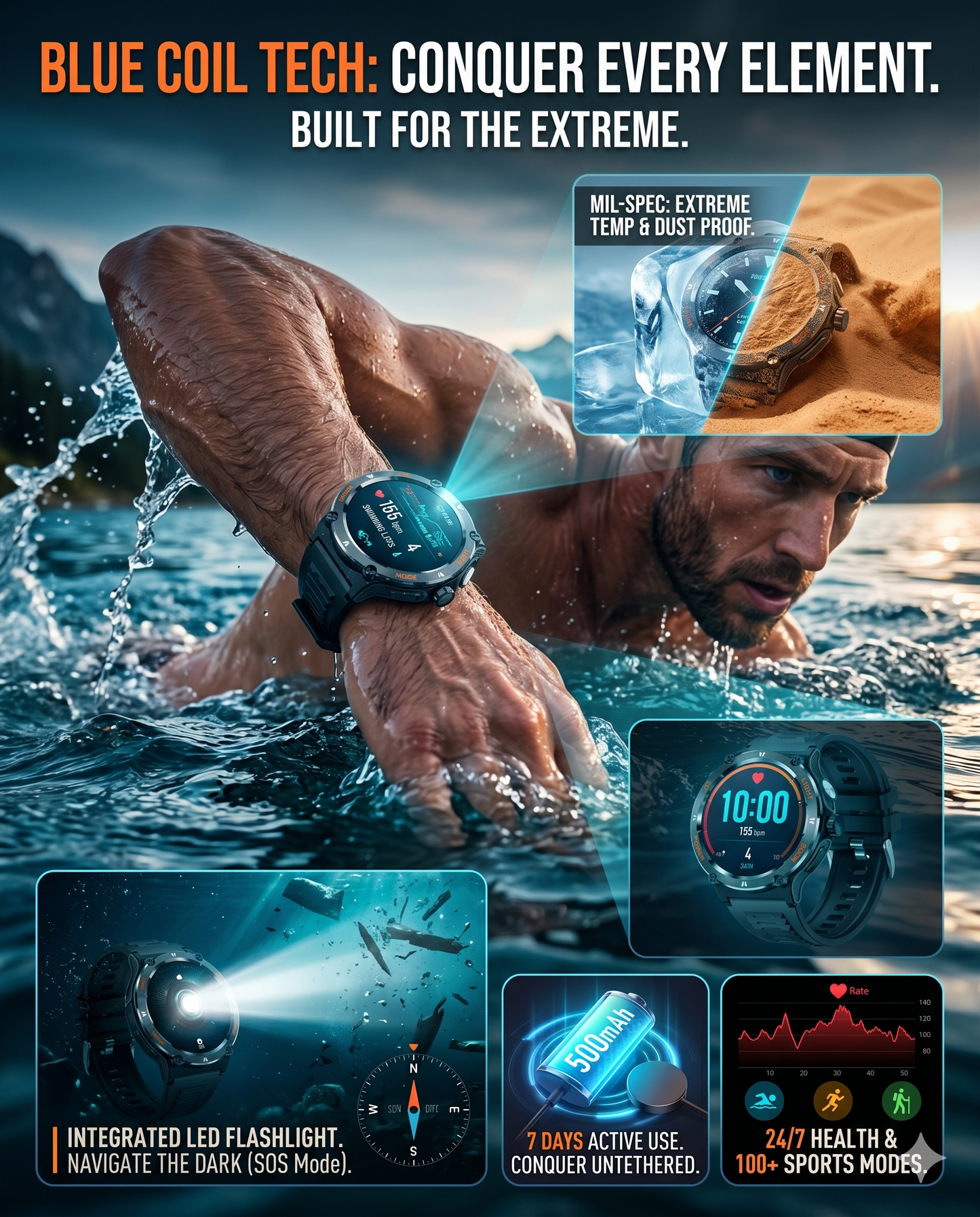 Blue Coil Tech Rugged Military Smart Watch for Men | 1.53" HD Tactical Smartwatch & Fitness Tracker | LED Flashlight, 3ATM Waterproof, Heart Rate Monitor | iPhone & Android Compatible