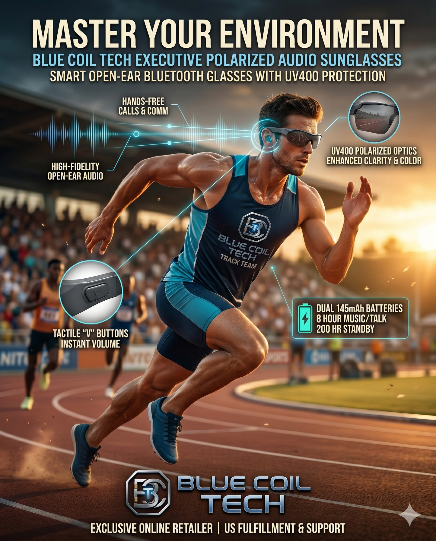 Blue Coil Tech Sports Smart Glasses – Polarized Bluetooth Audio Sunglasses for Men & Women | Wireless Open-Ear Headphones with Built-In Mic, Touch Control & UV Protection for Cycling, Running & Outdoors