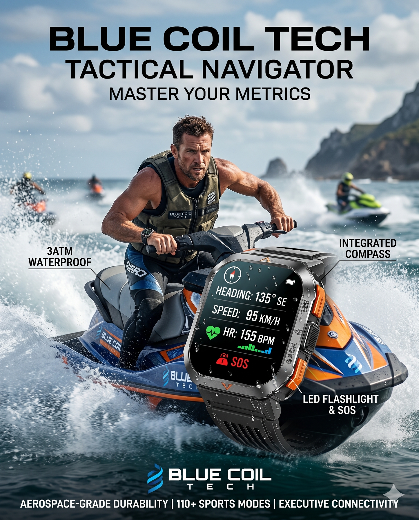 Military Smart Watch for Men with Call LED Flashlight 3ATM Waterproof 2.02" Large Screen Rugged Tactical Smartwatch with Compass Fitness Watch with Heart Rate Blood Pressure Monitor for iPhone Android
