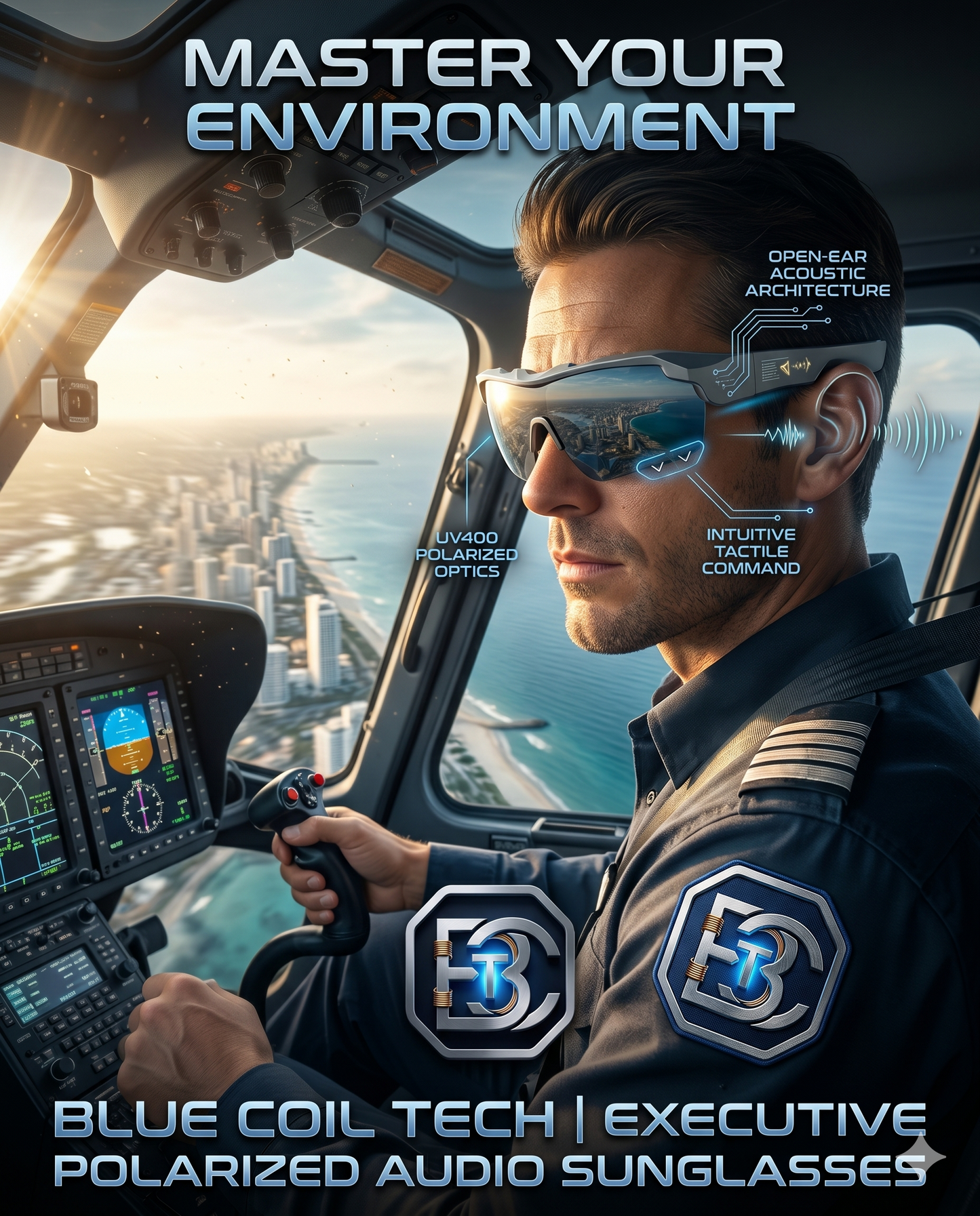 Blue Coil Tech Sports Smart Glasses – Polarized Bluetooth Audio Sunglasses for Men & Women | Wireless Open-Ear Headphones with Built-In Mic, Touch Control & UV Protection for Cycling, Running & Outdoors