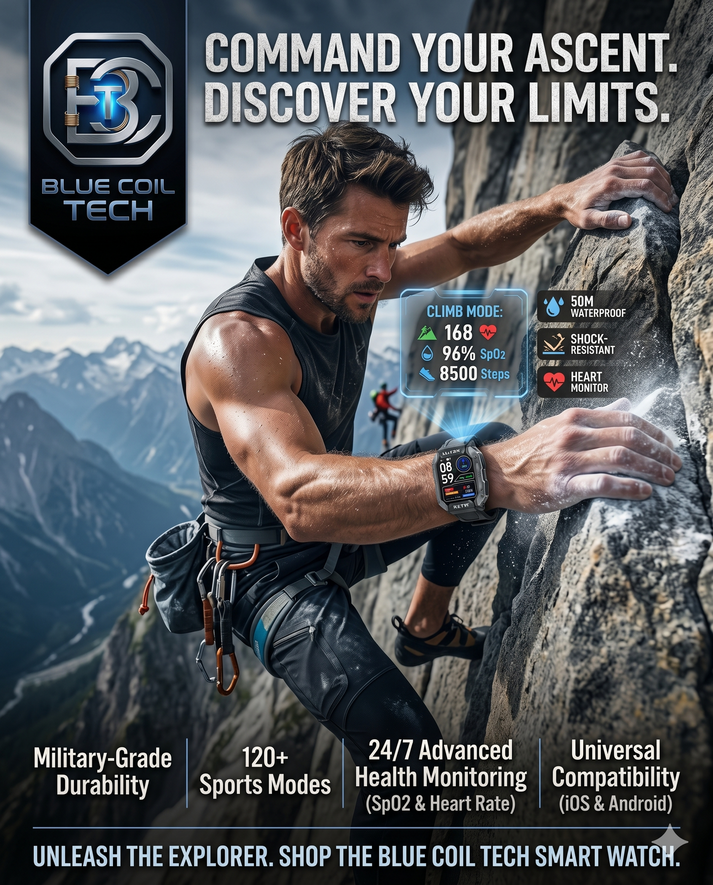 Blue Coil Tech Military Smart Watch for Men - Rugged Tactical 5ATM Waterproof Fitness Tracker with Bluetooth Calls, Heart Rate & Blood Pressure Monitor (iOS/Android)