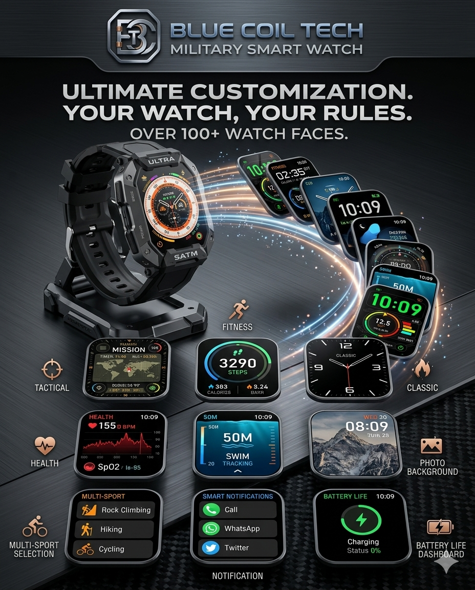 Blue Coil Tech Military Smart Watch for Men - Rugged Tactical 5ATM Waterproof Fitness Tracker with Bluetooth Calls, Heart Rate & Blood Pressure Monitor (iOS/Android)