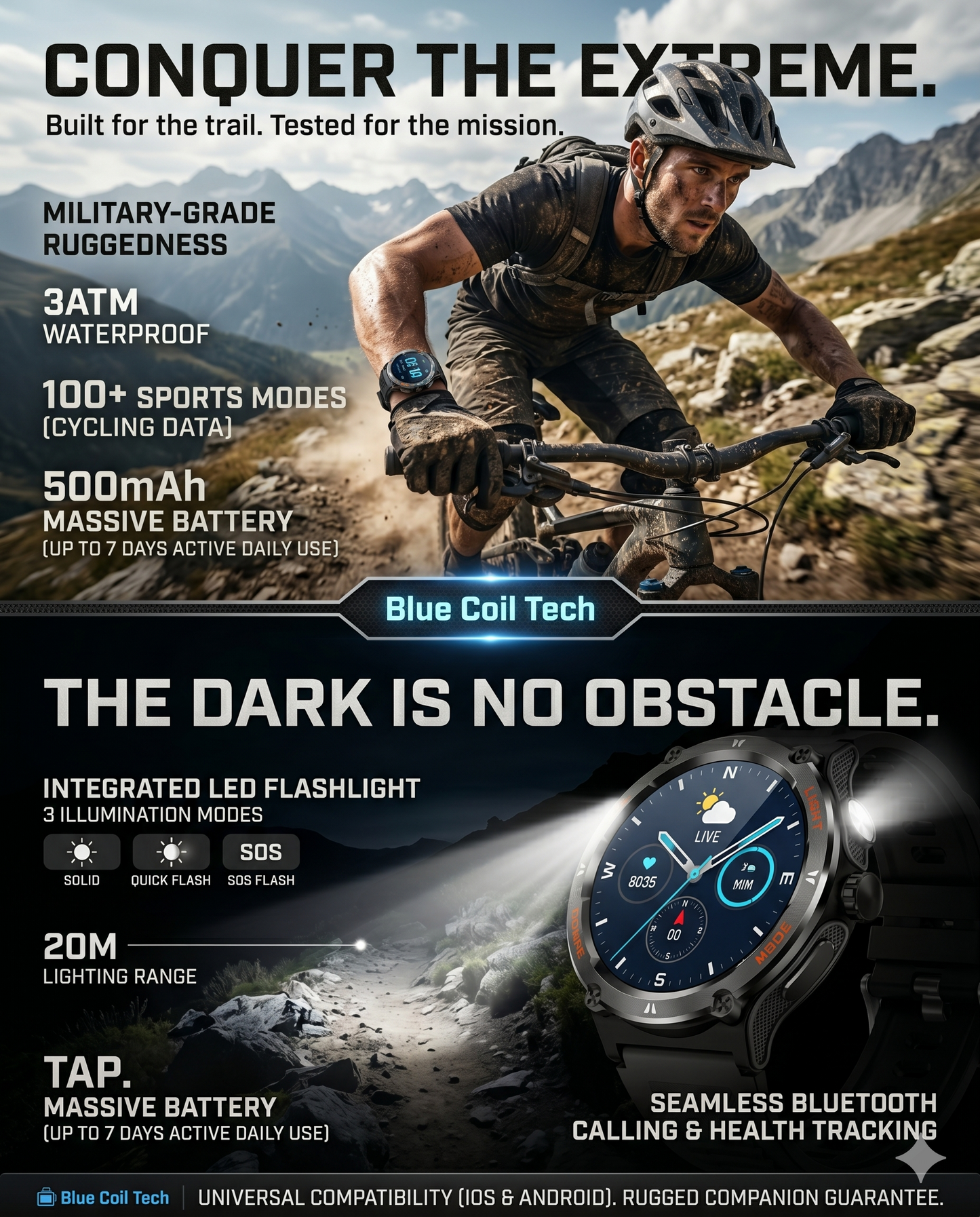 Blue Coil Tech Rugged Military Smart Watch for Men | 1.53" HD Tactical Smartwatch & Fitness Tracker | LED Flashlight, 3ATM Waterproof, Heart Rate Monitor | iPhone & Android Compatible