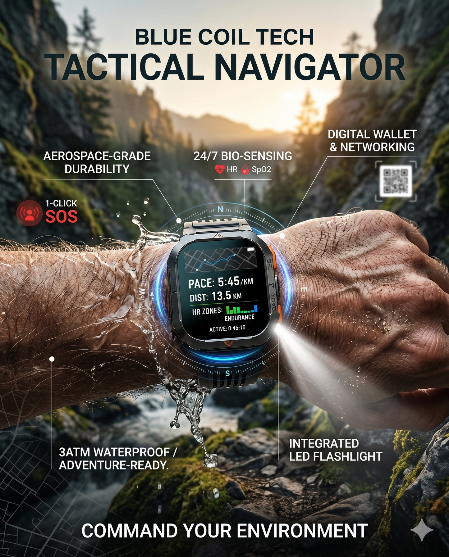 Military Smart Watch for Men with Call LED Flashlight 3ATM Waterproof 2.02" Large Screen Rugged Tactical Smartwatch with Compass Fitness Watch with Heart Rate Blood Pressure Monitor for iPhone Android