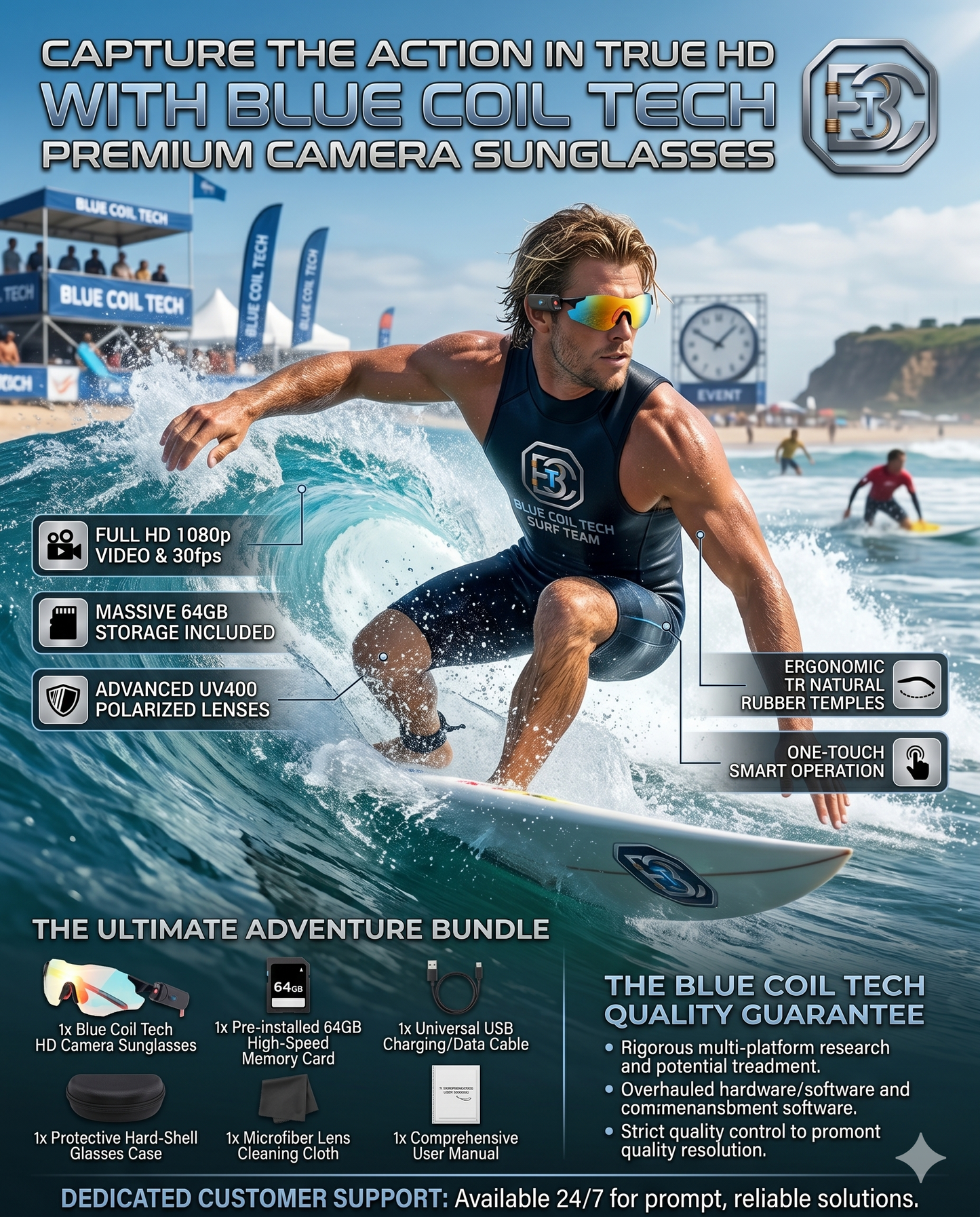 Capture Every Angle: Blue Coil Tech HD 1080p Smart Camera & Vlogging Sunglasses with 64GB Storage