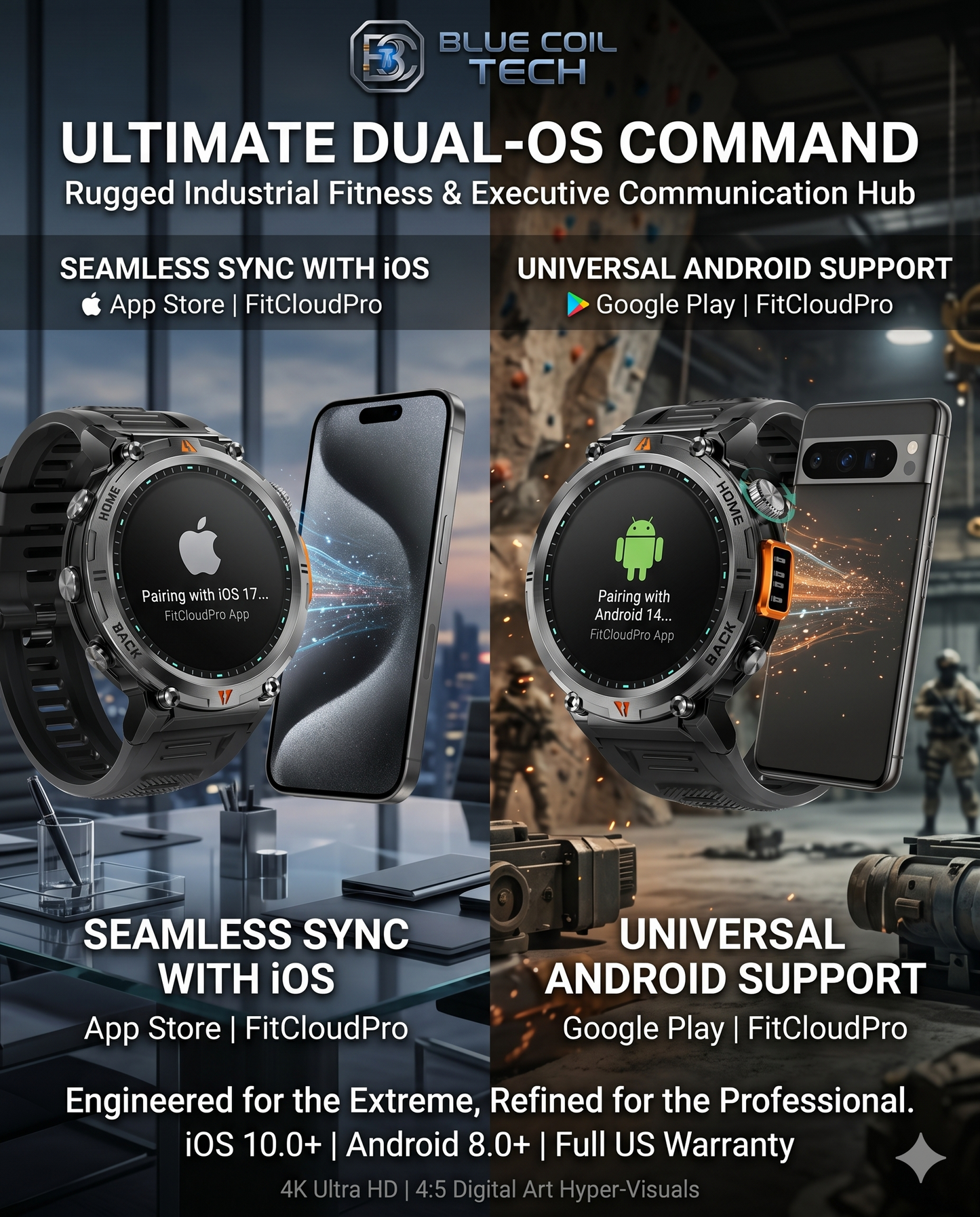 Blue Coil Tech Men's Tactical Smartwatch | Rugged 3ATM