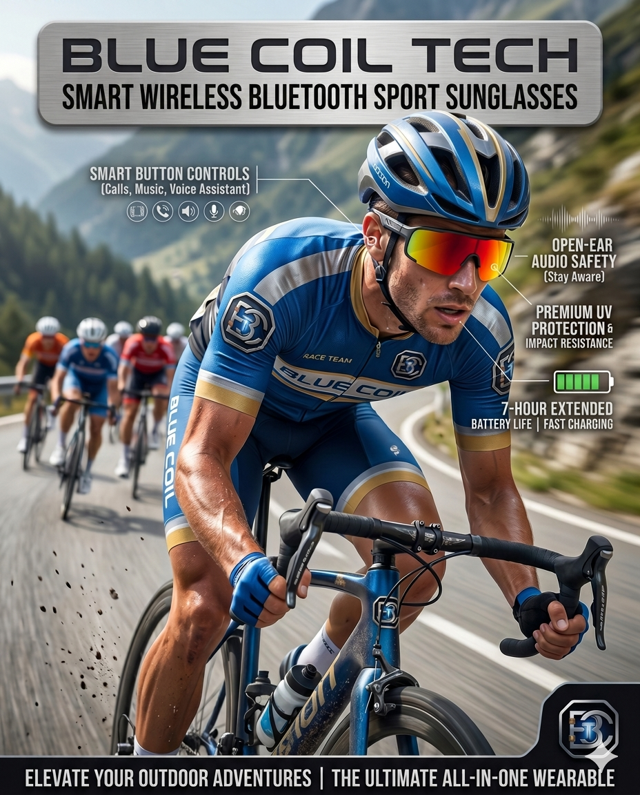 Blue Coil Tech Bluetooth Audio Sunglasses – Smart Wireless Sport Design with Microphone