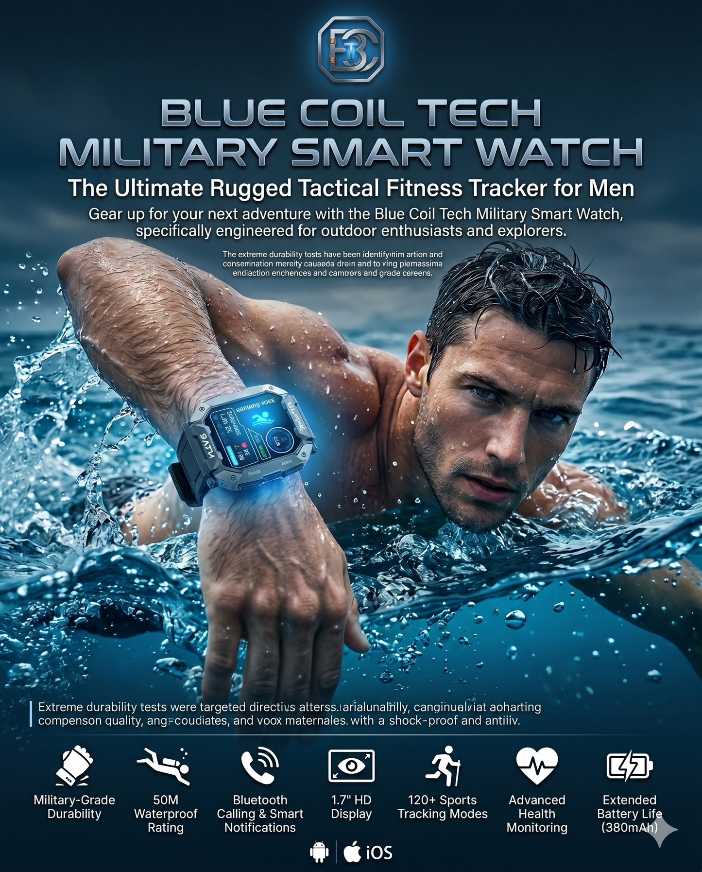 Blue Coil Tech Military Smart Watch for Men - Rugged Tactical 5ATM Waterproof Fitness Tracker with Bluetooth Calls, Heart Rate & Blood Pressure Monitor (iOS/Android)