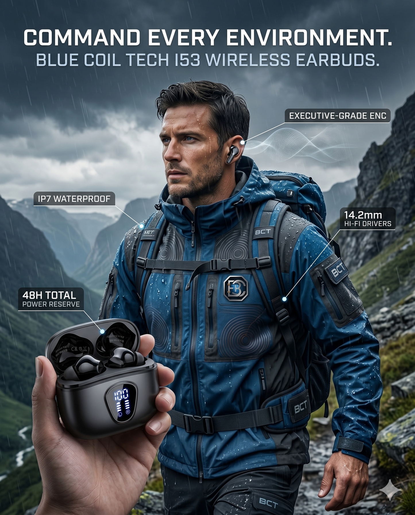Wireless Earbuds Bluetooth 5.3 Headphones HiFi Stereo Bluetooth Earbuds with ENC Noise Cancelling Mic IP7 Waterproof in Ear Earphones 48H LED Display Ear buds for Pad Phones Workout Sports Black