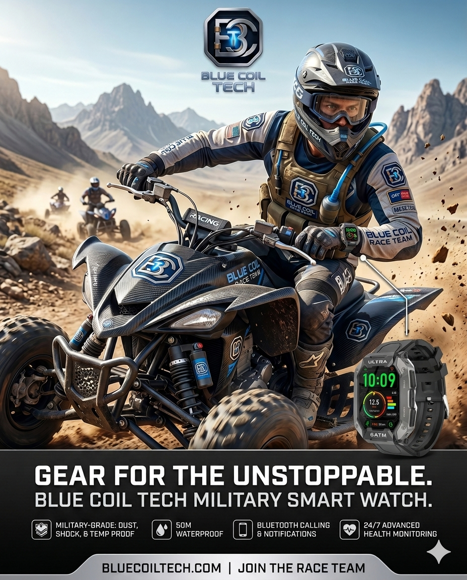 Blue Coil Tech Military Smart Watch for Men - Rugged Tactical 5ATM Waterproof Fitness Tracker with Bluetooth Calls, Heart Rate & Blood Pressure Monitor (iOS/Android)