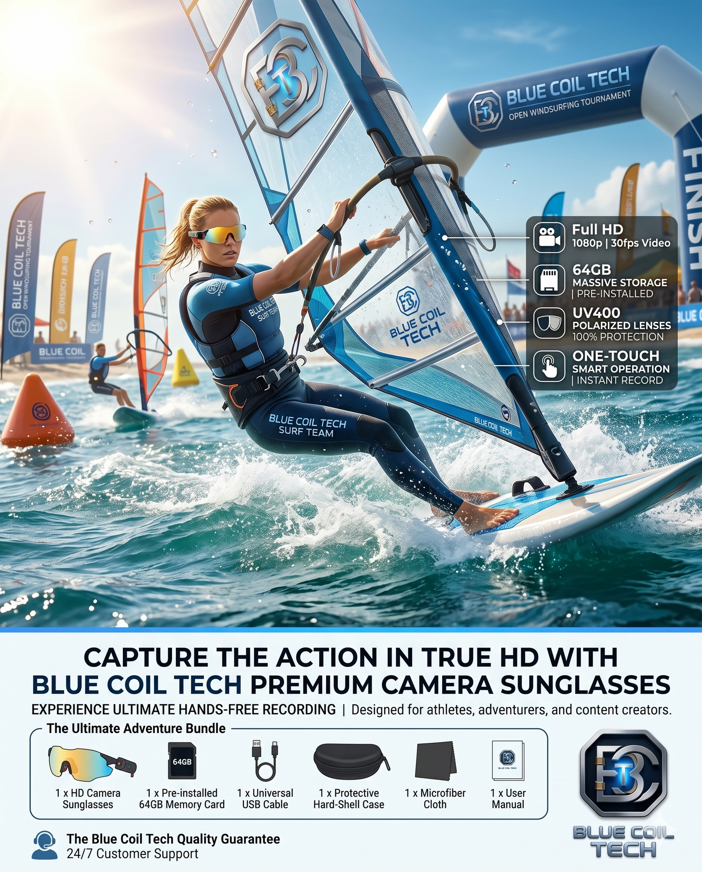 Capture Every Angle: Blue Coil Tech HD 1080p Smart Camera & Vlogging Sunglasses with 64GB Storage